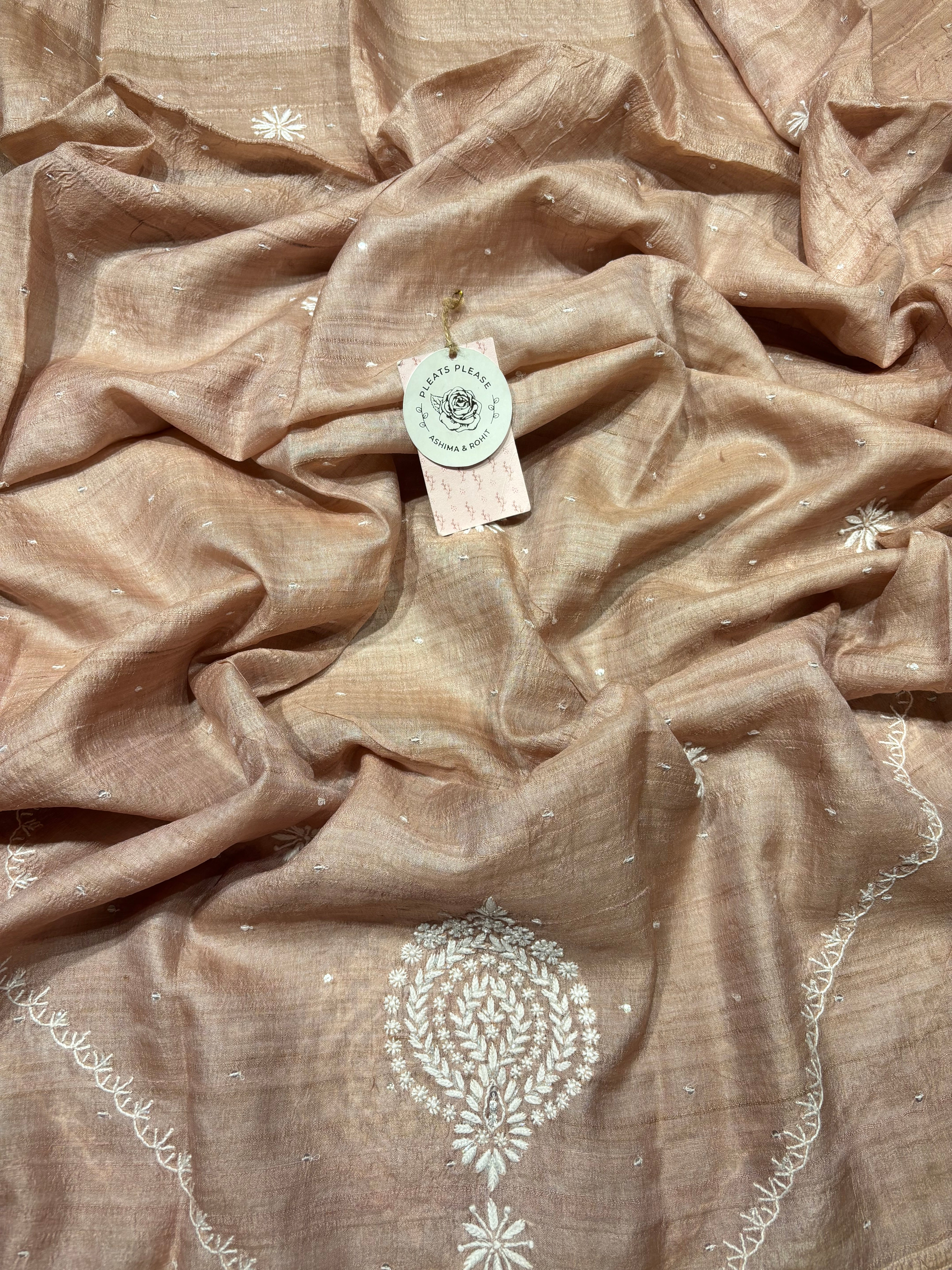 Peach Whip Pure Tussar Silk Chikankari Kurta And Dupatta Set