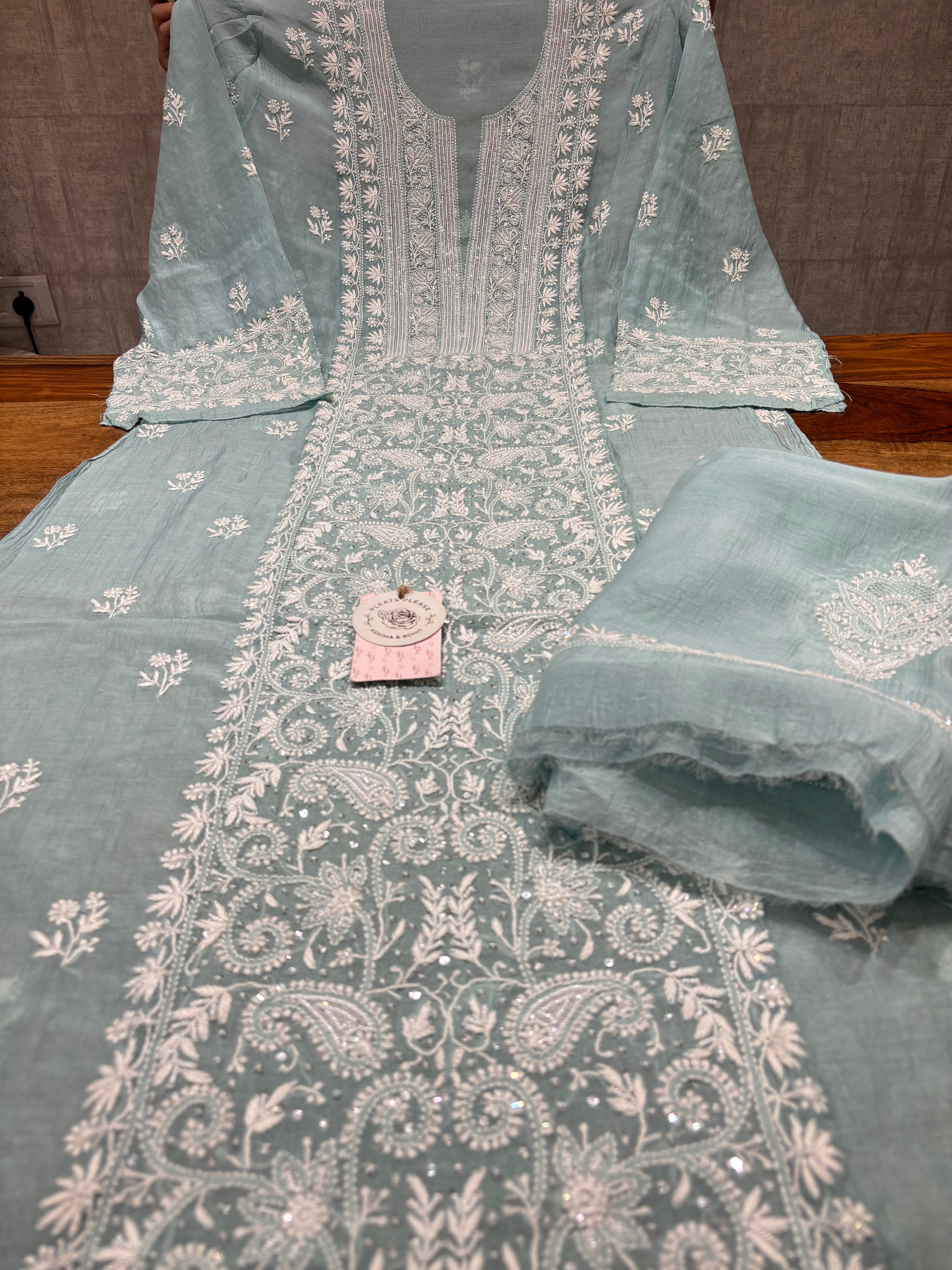 Sea Foam Chanderi Mul Chikankari Kurta & Dupatta Set