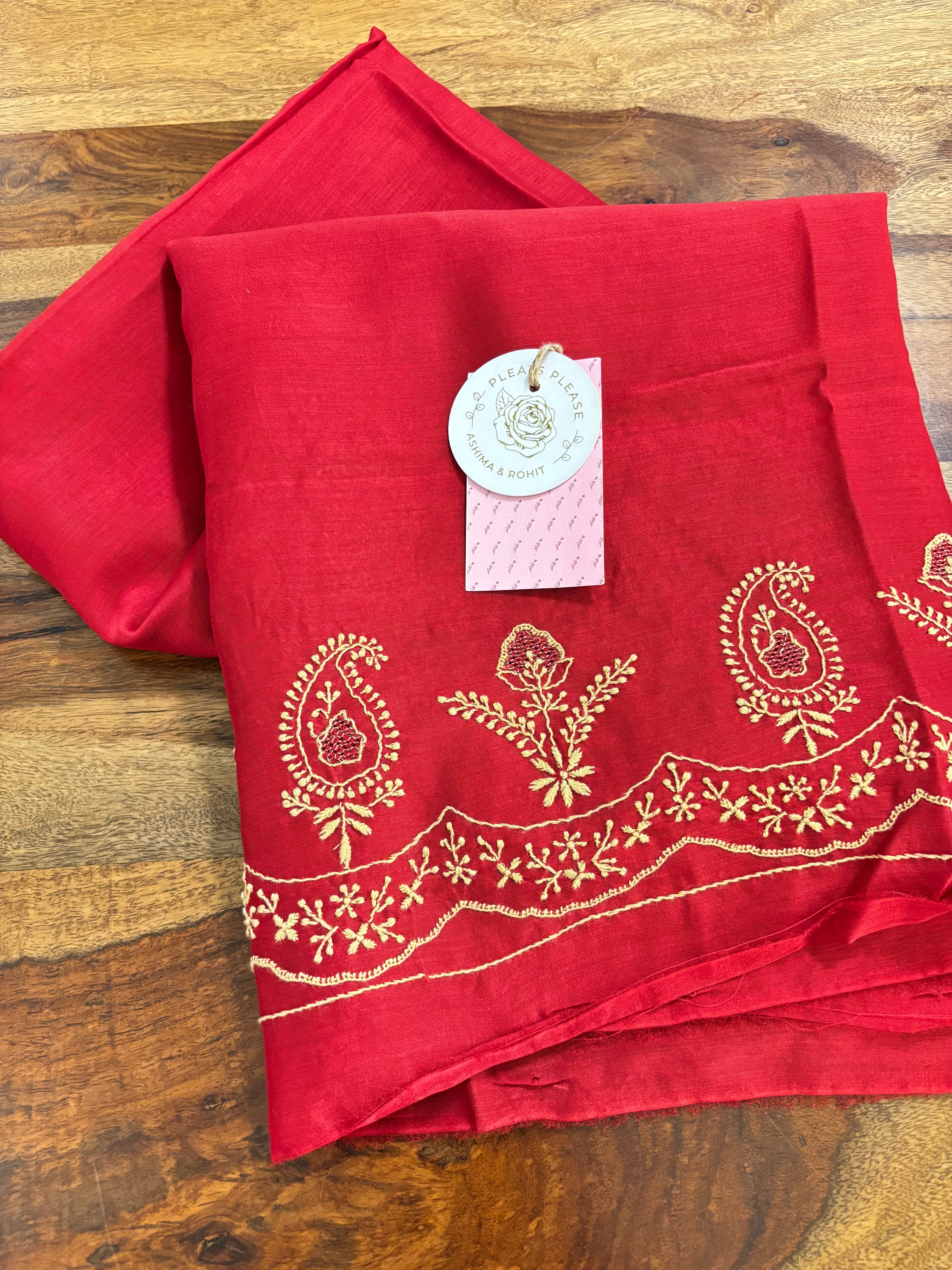 Crimson Red Chanderi Silk Chikankari Kurta,Bottom With Organza Dupatta