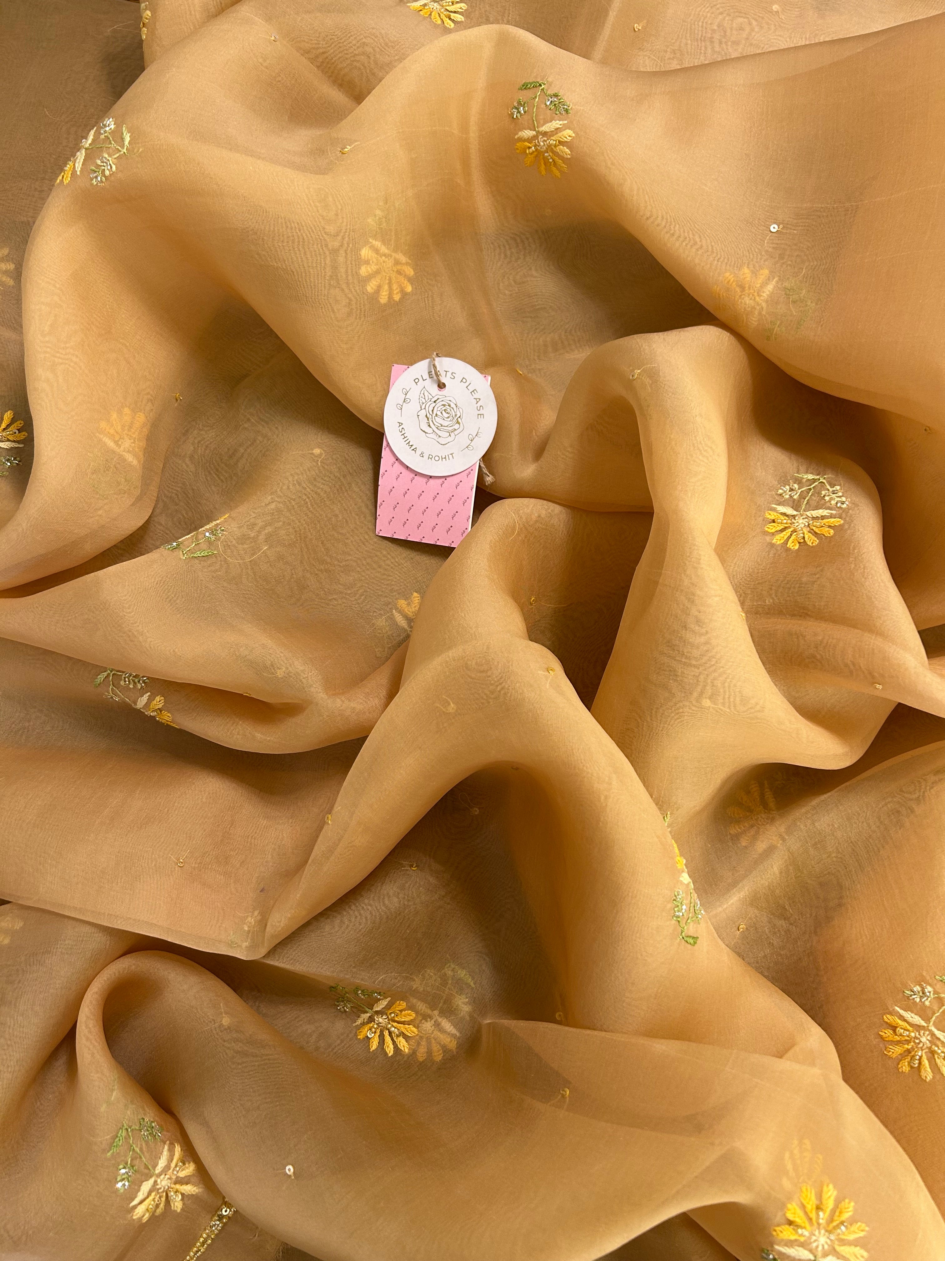 Golden Pure Organza Chikankari Kurta & Dupatta