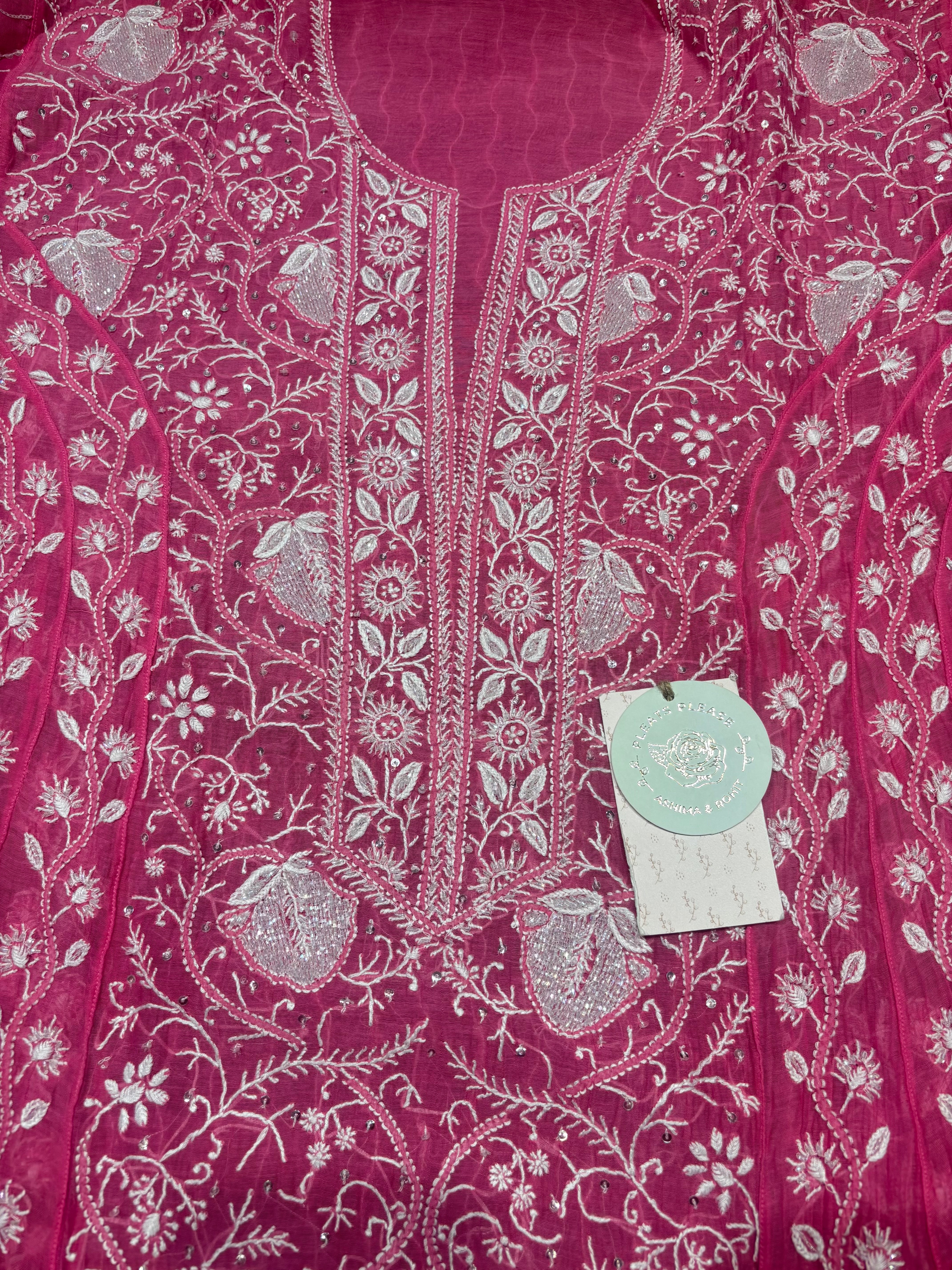 Fuschia Pink Chanderi Mul Chikankari Anarkali & Dupatta Set