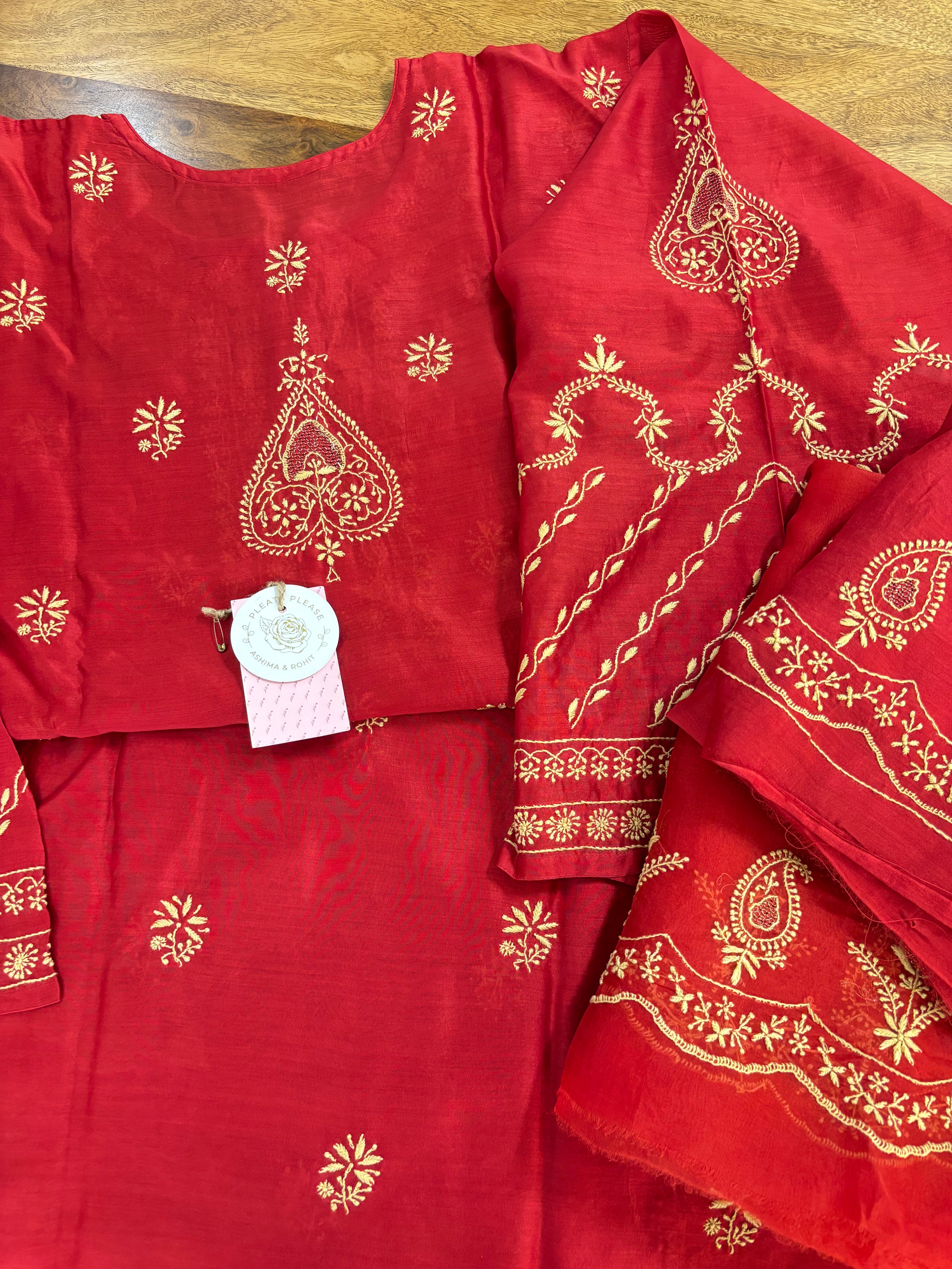 Crimson Red Chanderi Silk Chikankari Kurta,Bottom With Organza Dupatta