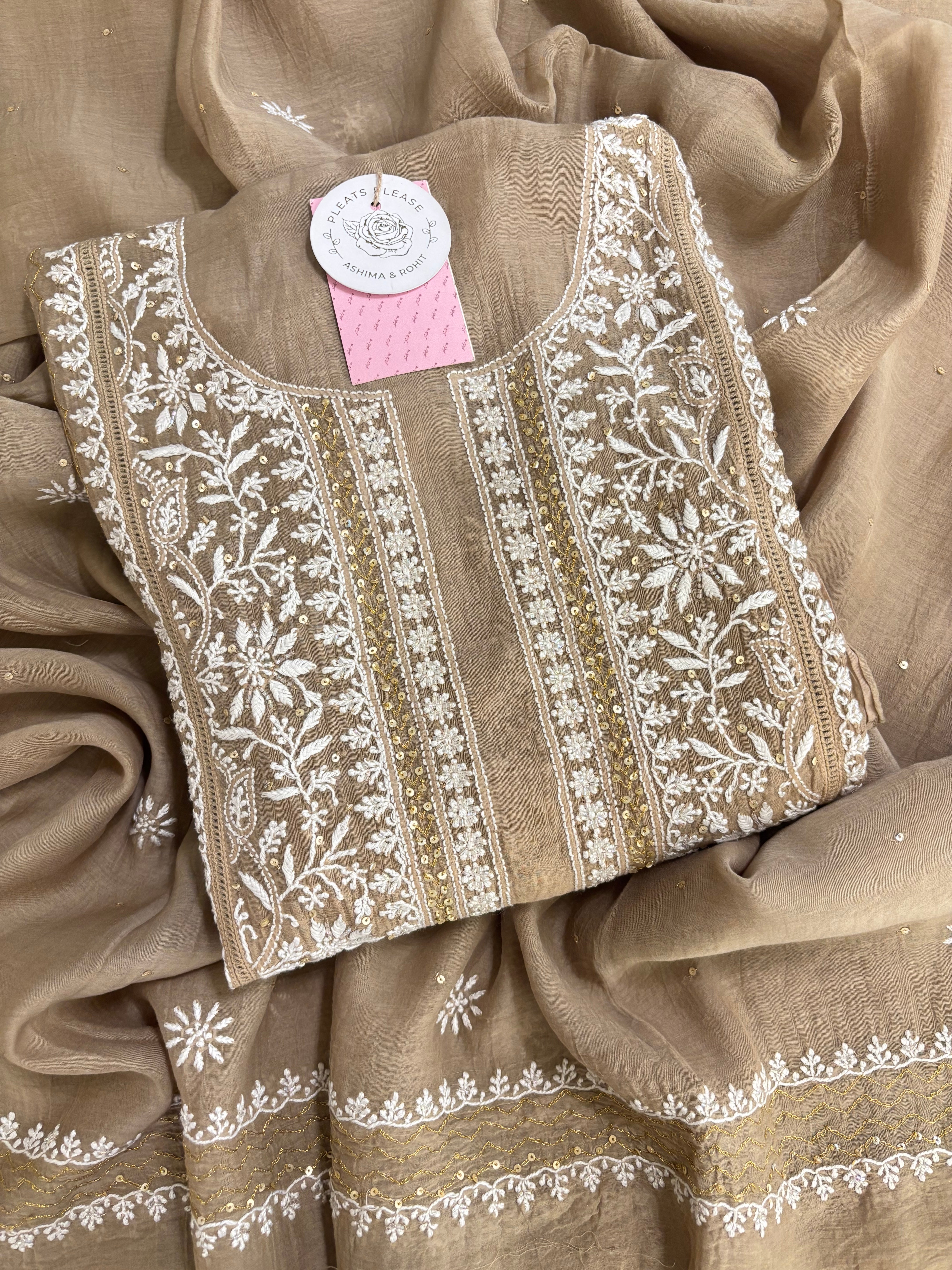 Camel Brown Chanderi Chikankari Kurta & Dupatta