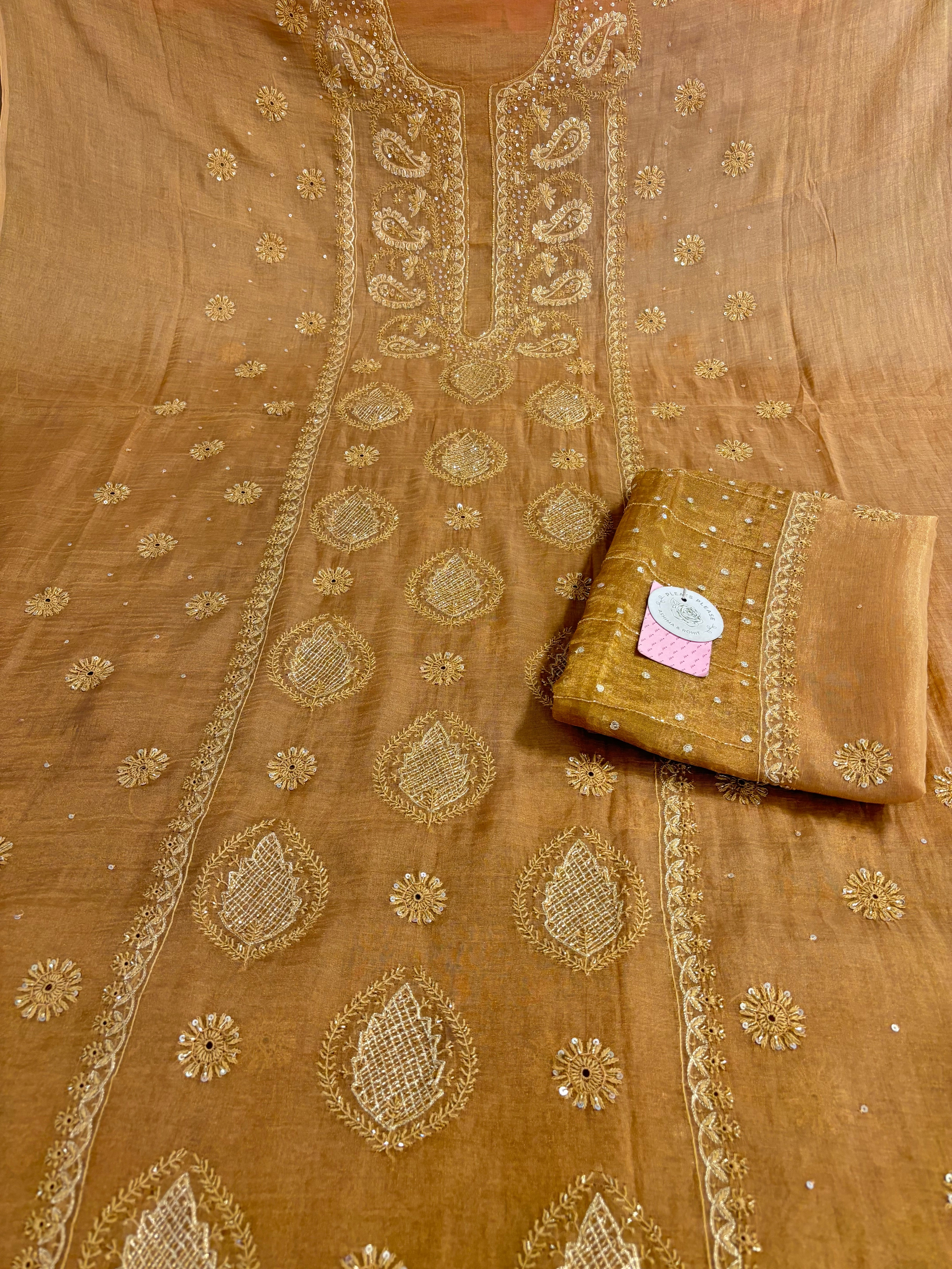 Golden Honey Pure & Premium Tissue Chikankari Kurta & Dupatta