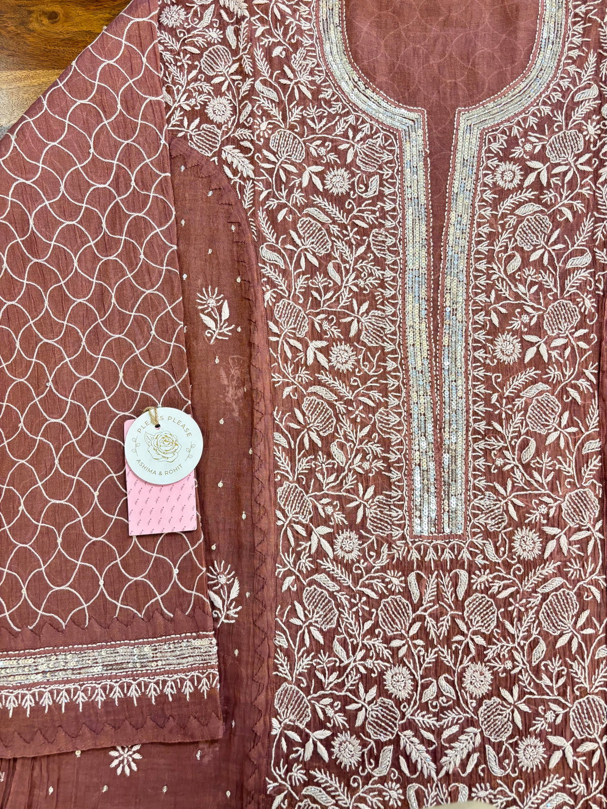 Mauve-Brown Tissue Chikankari Kurta & Dupatta
