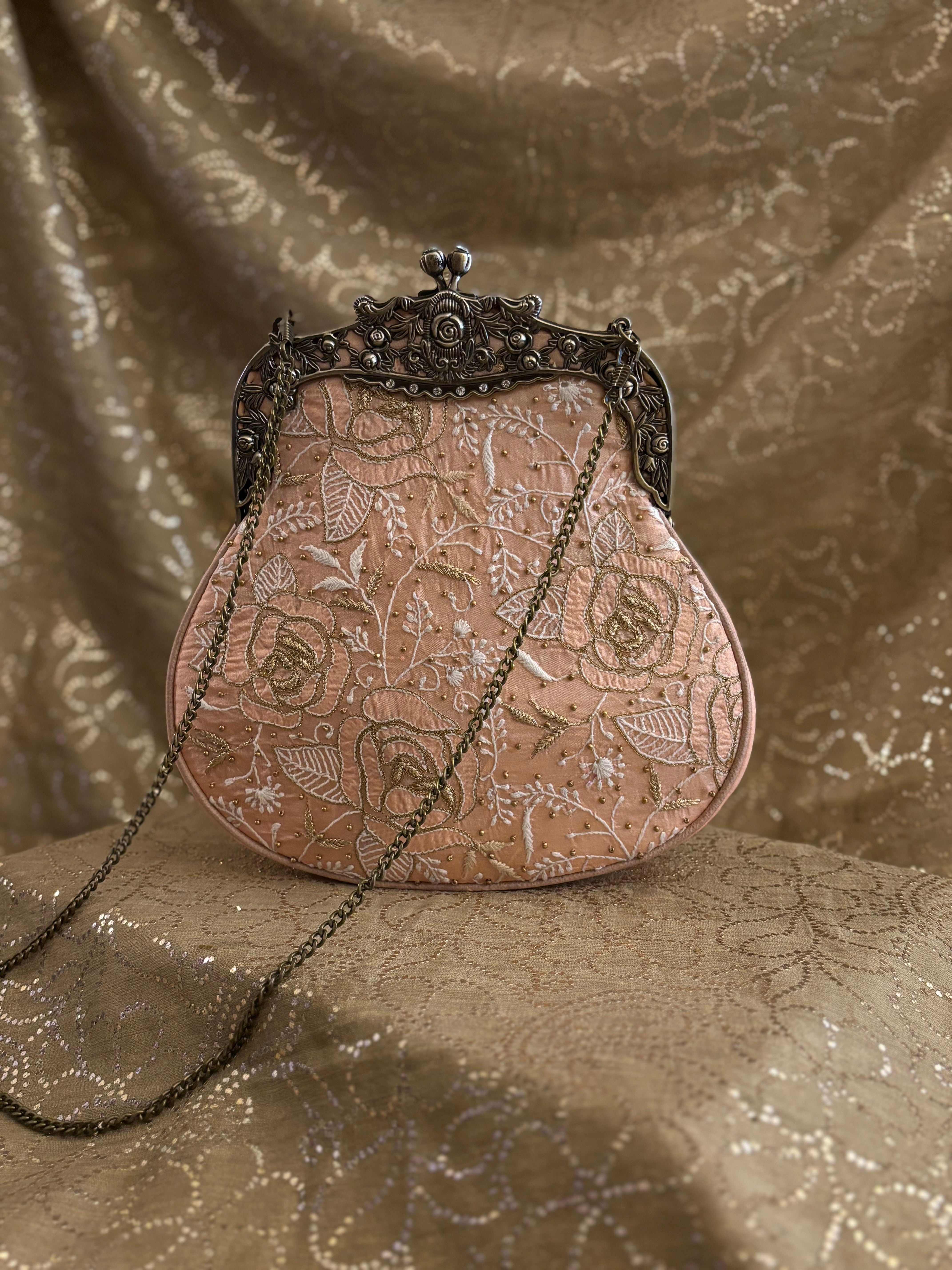 Peach Chikankari Clutch Bag
