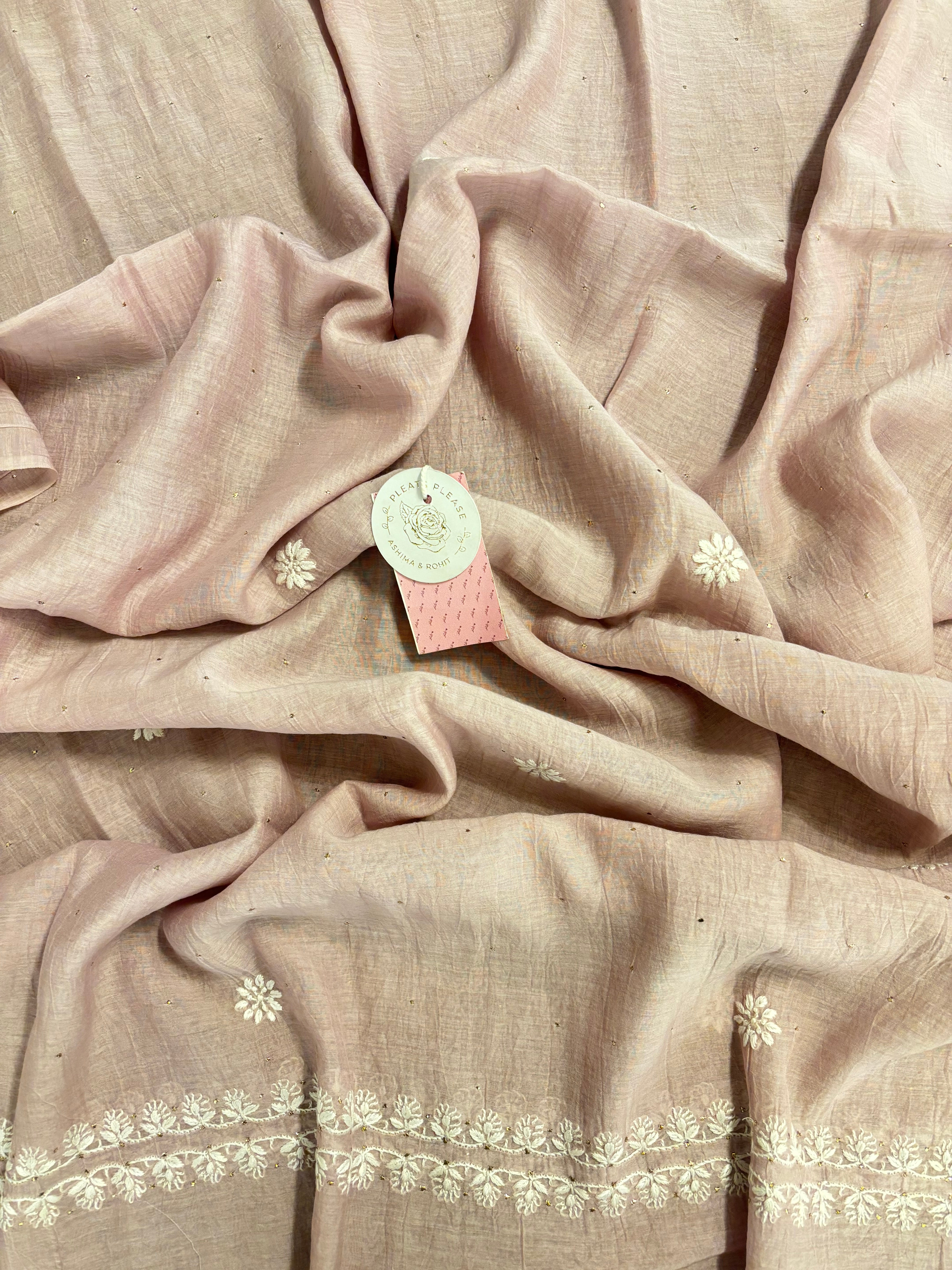 Rose Gold Chanderi Chikankari Mukaish Kurta & Dupatta - Pleats PleaseChikankari