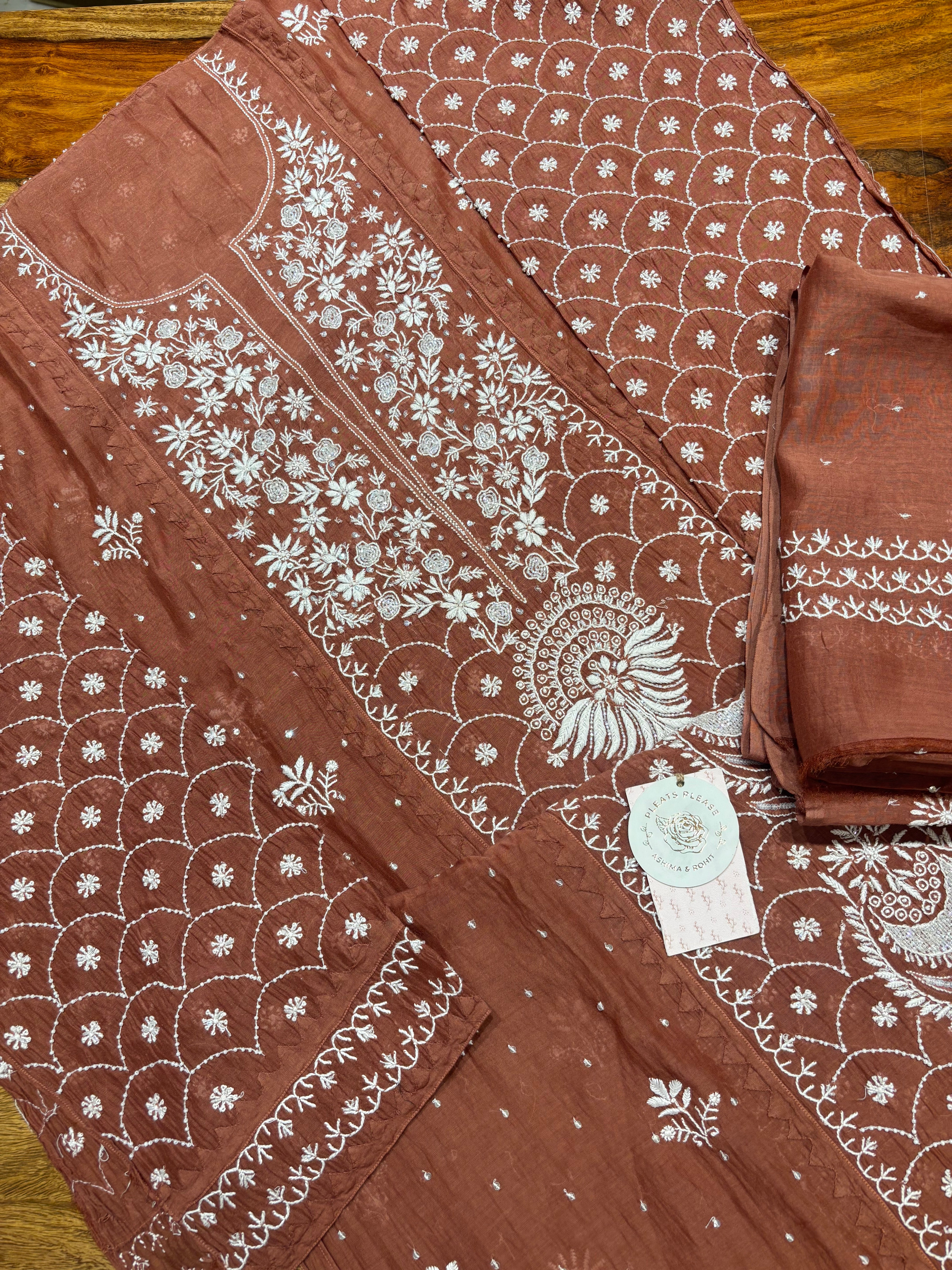 Brown Chanderi Mul Chikankari Kurta & Dupatta Set