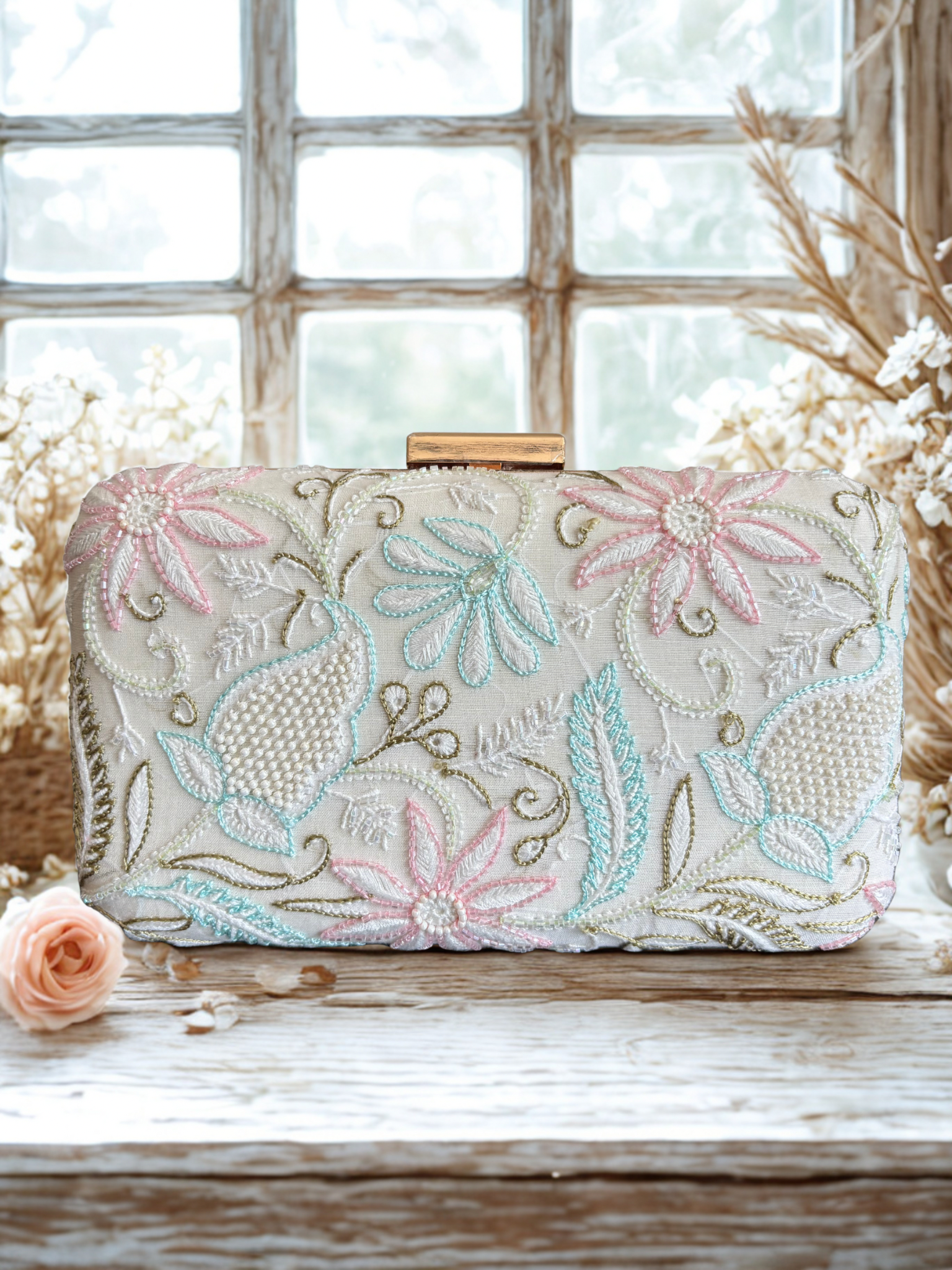 Off White Chikankari Clutch
