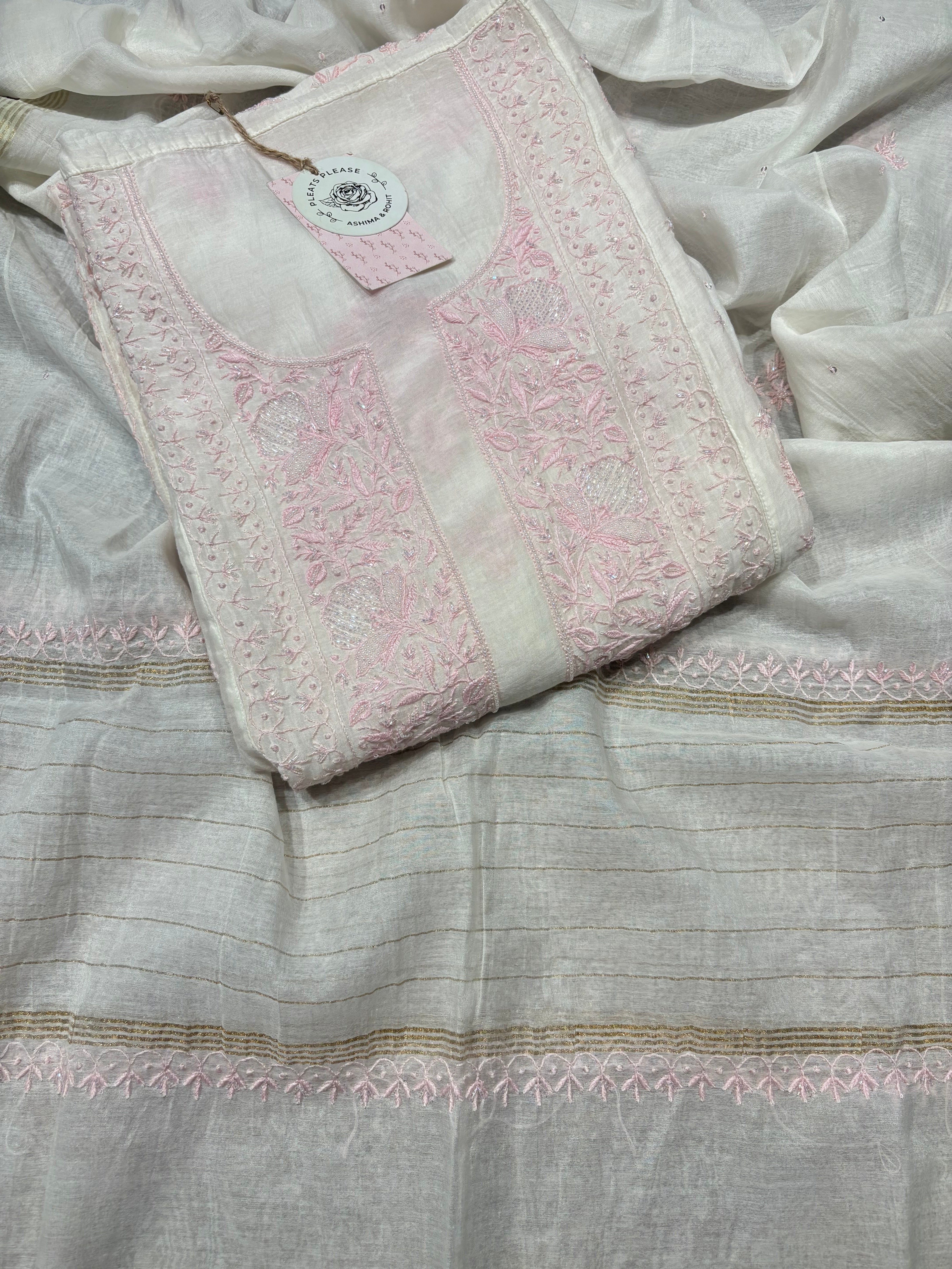 Dyeable Chanderi Mul Chikankari Kurta and Dupatta set