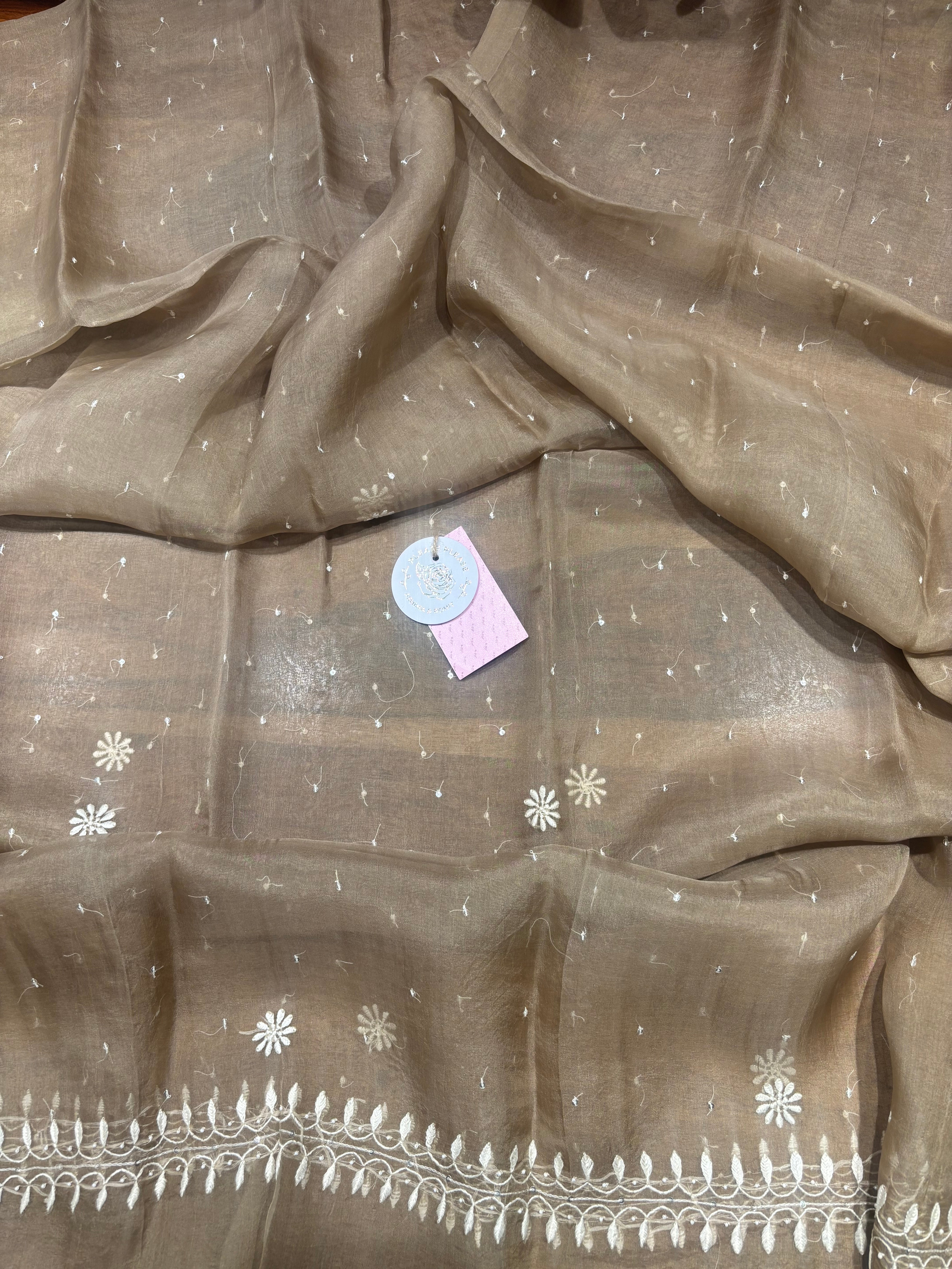 Brown Pure & Premium Organza Silk Chikankari Kurta & Dupatta Set