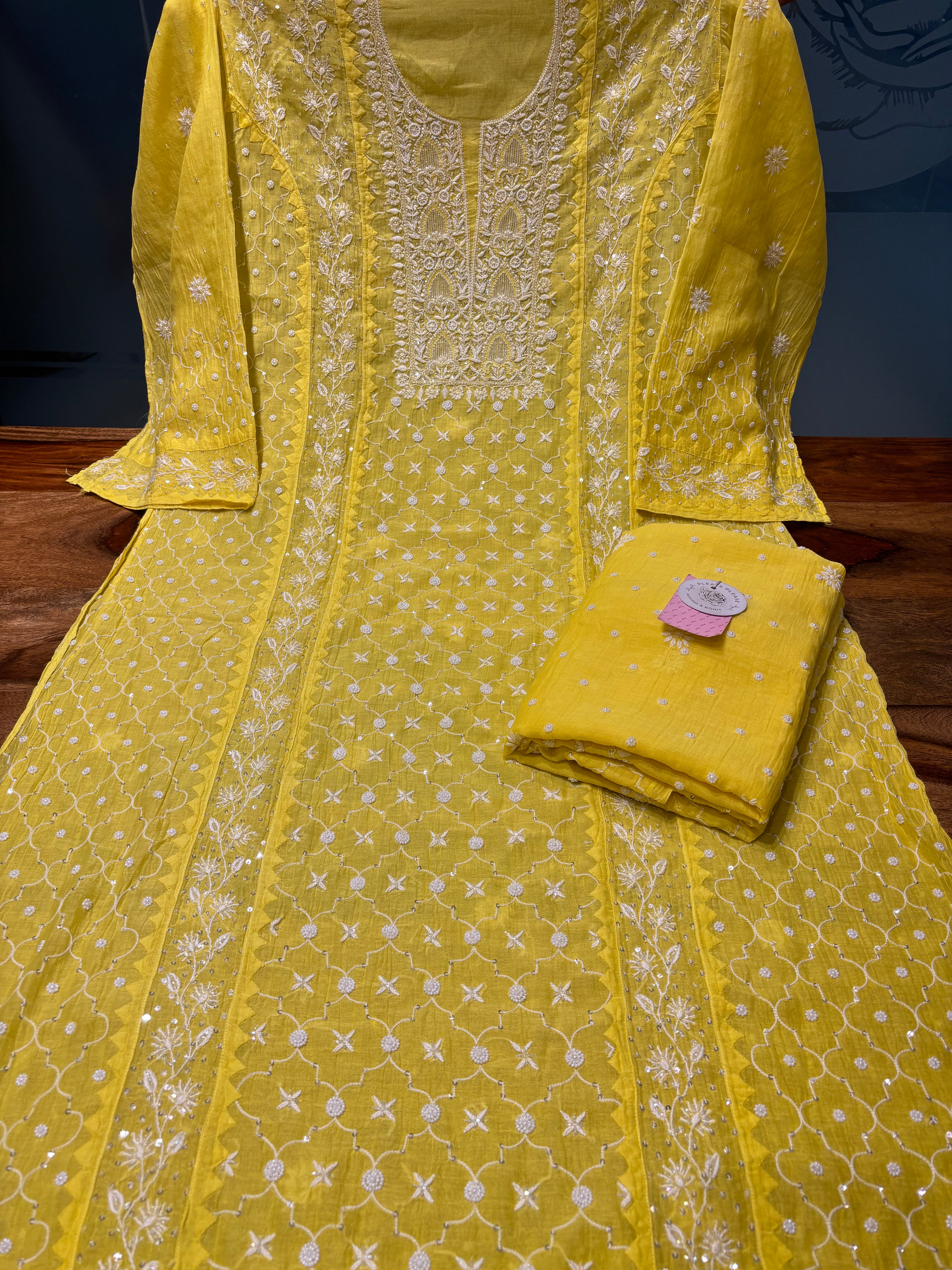 Lemon Yellow Pure Chanderi Chikankari Kurta & Dupatta