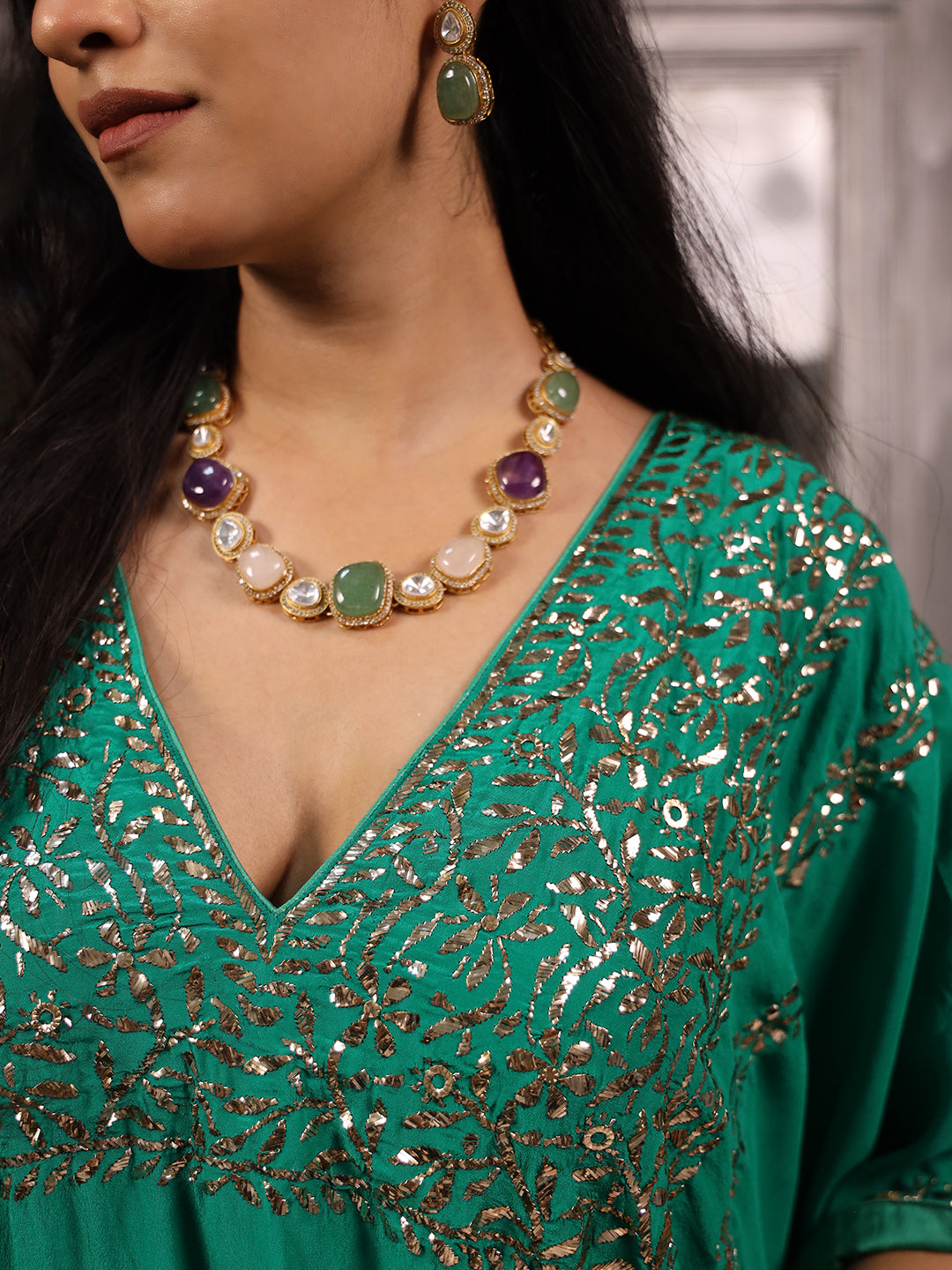 Jade Green Pure & Premium Silk Mukaish Kaftan Dress