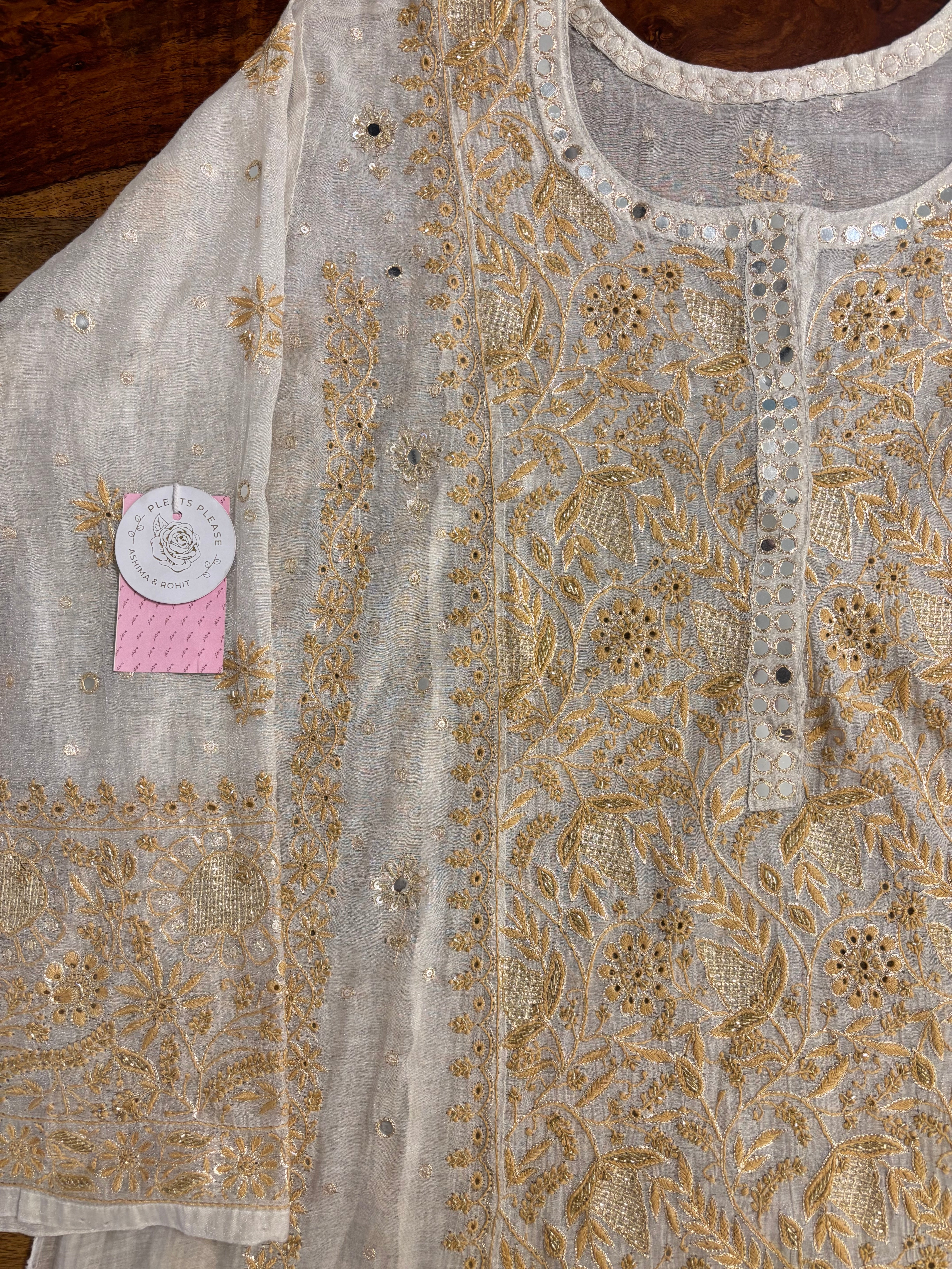 Dyeable Silver Tissue Mirror Neckline Chikankari Kurta & Dupatta - Pleats PleaseChikankari
