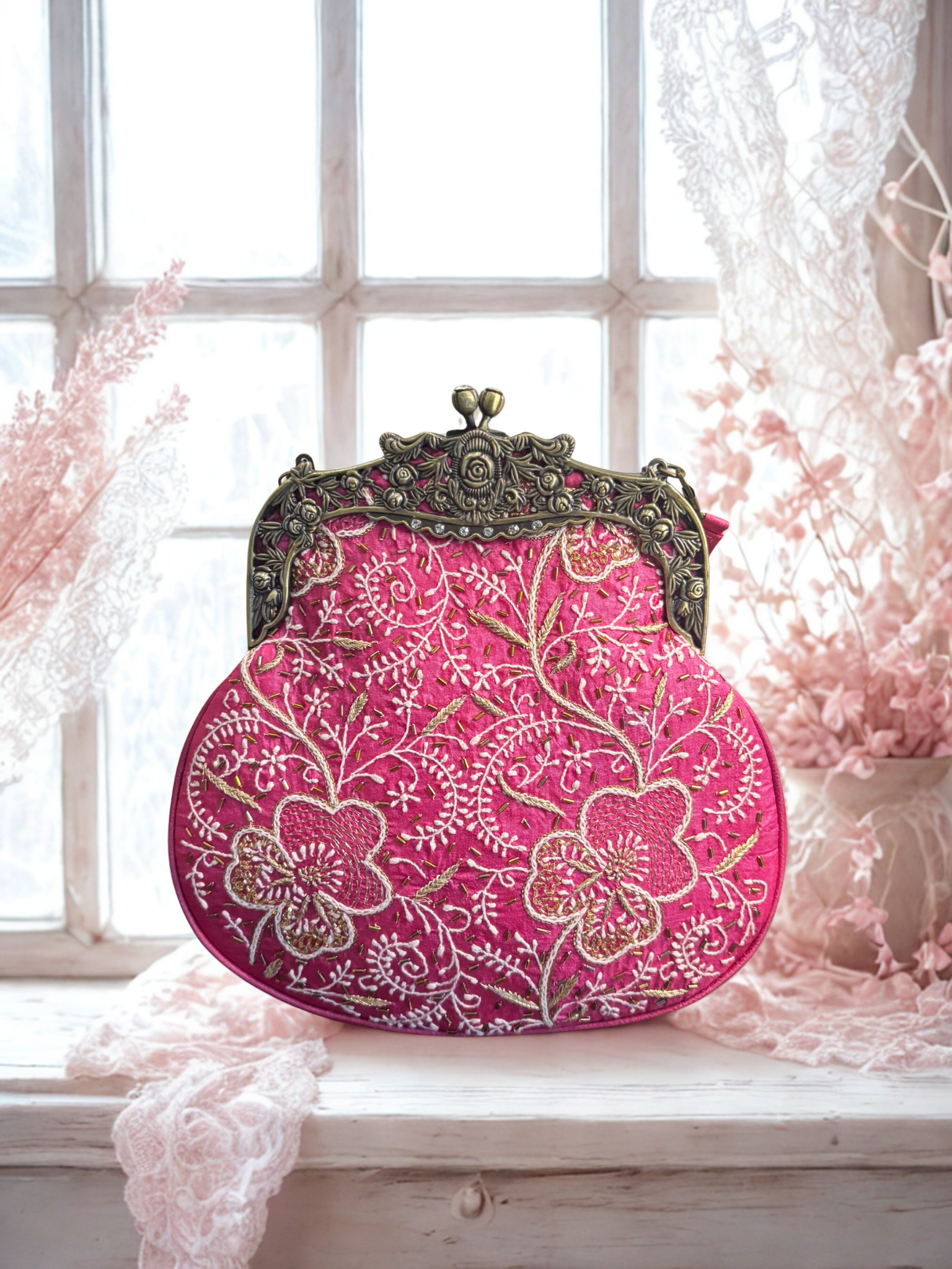 Fuchsia Pink Silk Chikankari Clutch