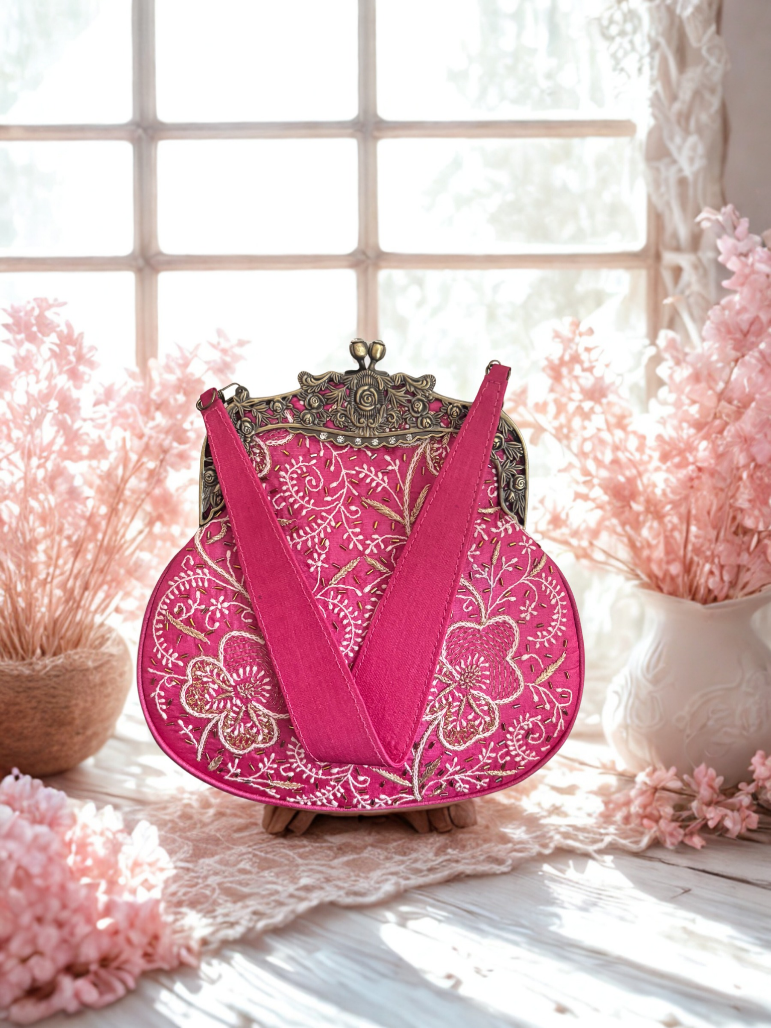 Fuchsia Pink Silk Chikankari Clutch