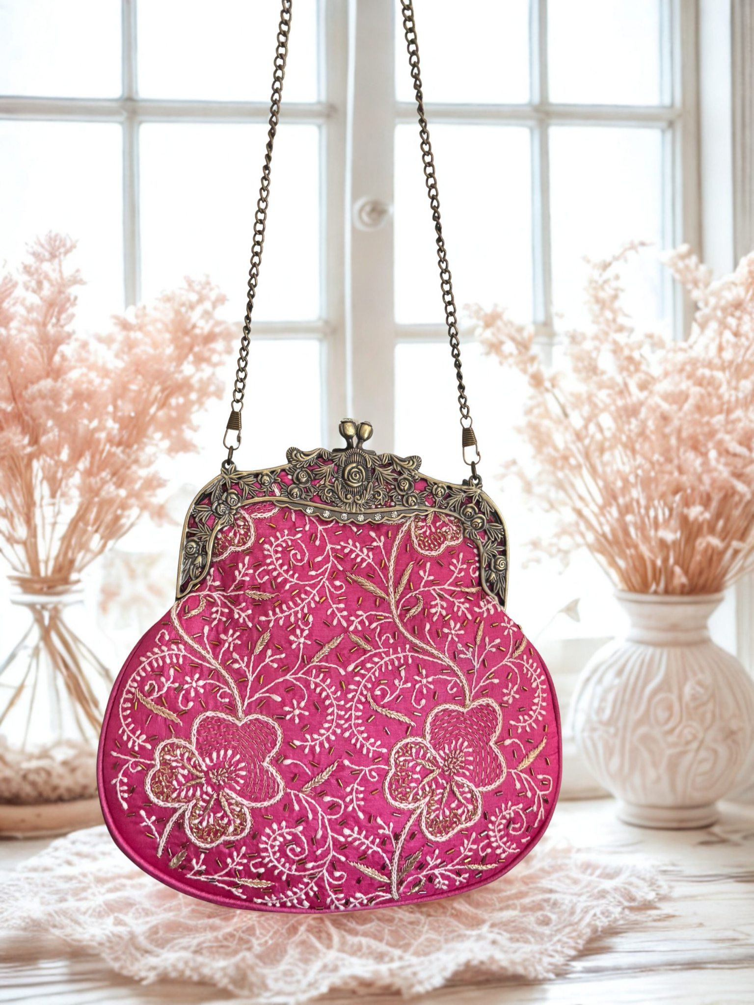 Fuchsia Pink Silk Chikankari Clutch
