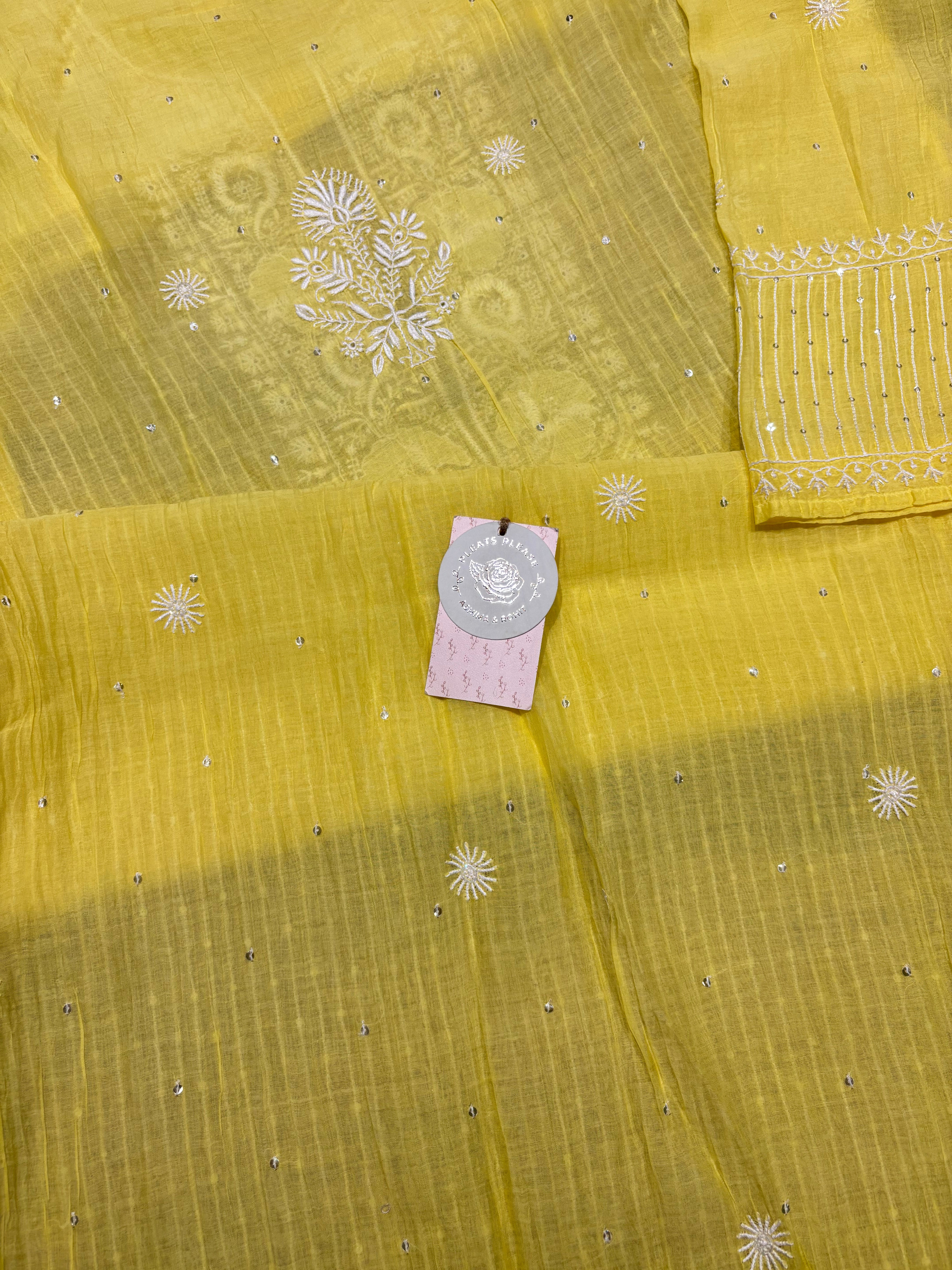 Yellow Chanderi Mul Chikankari Kurta and Dupatta Set