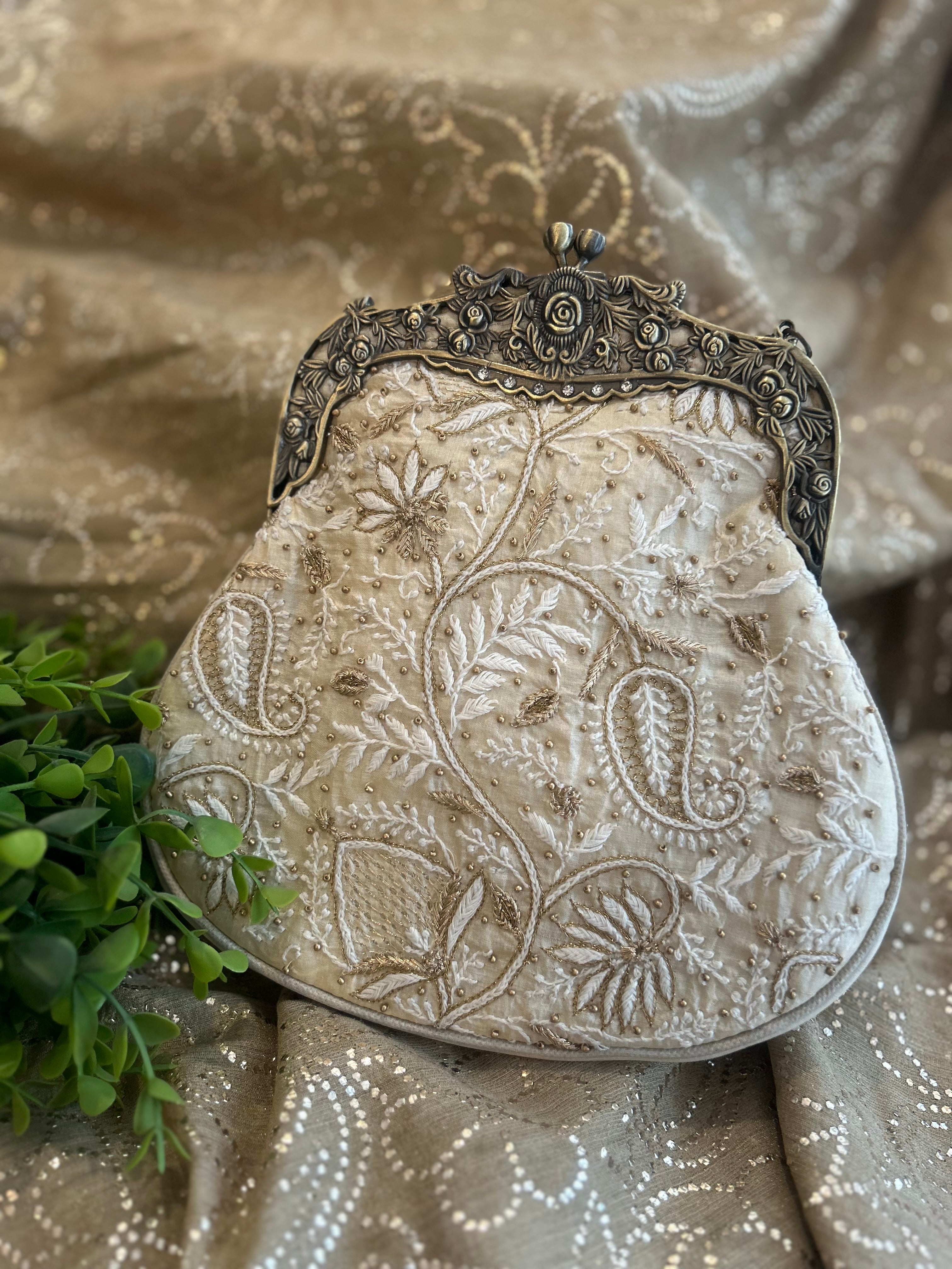 Ivory Chikankari Clutch Bag