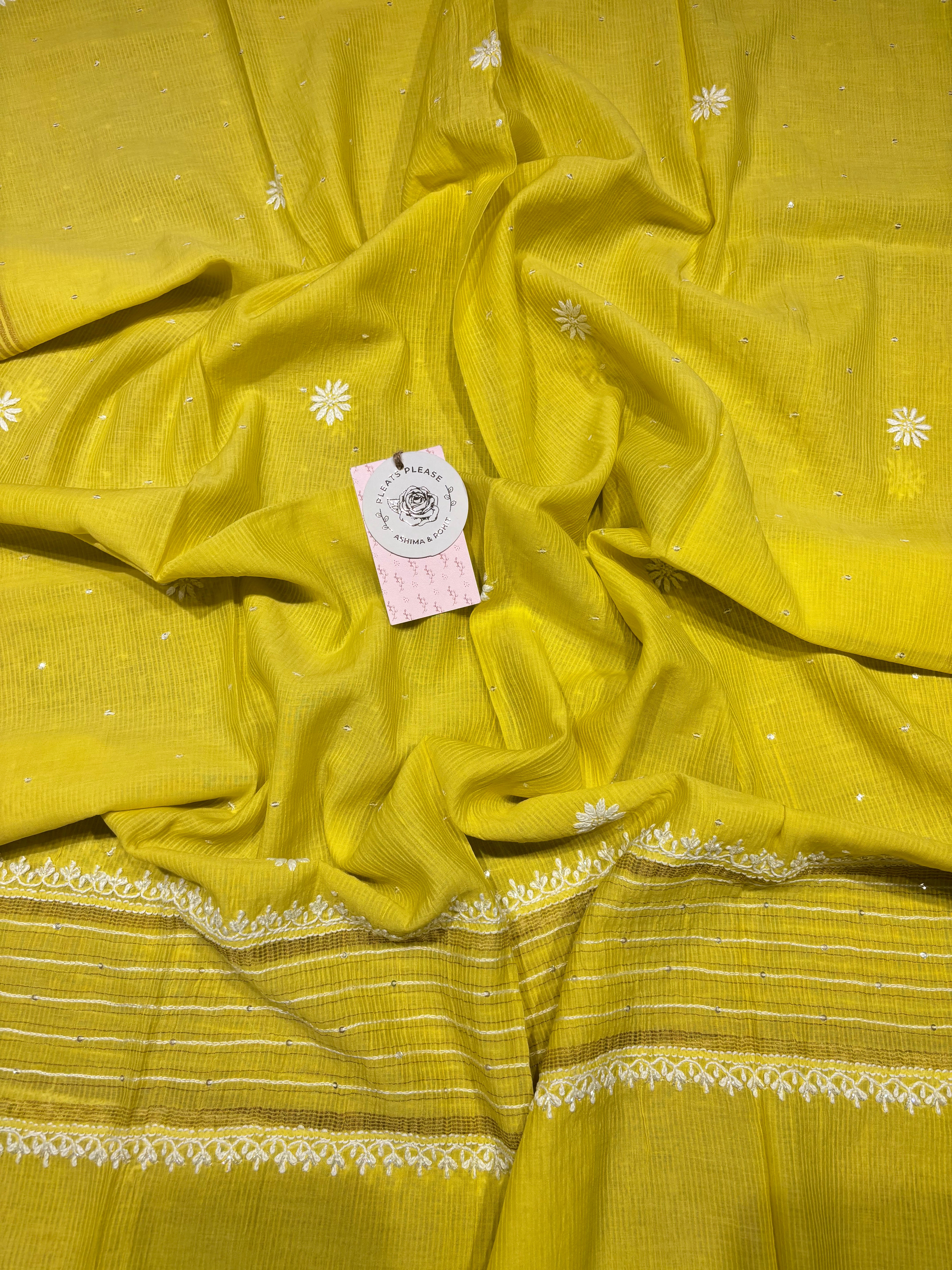 Lime yellow Chanderi Maheshwari Chikankari kurta and Dupatta set