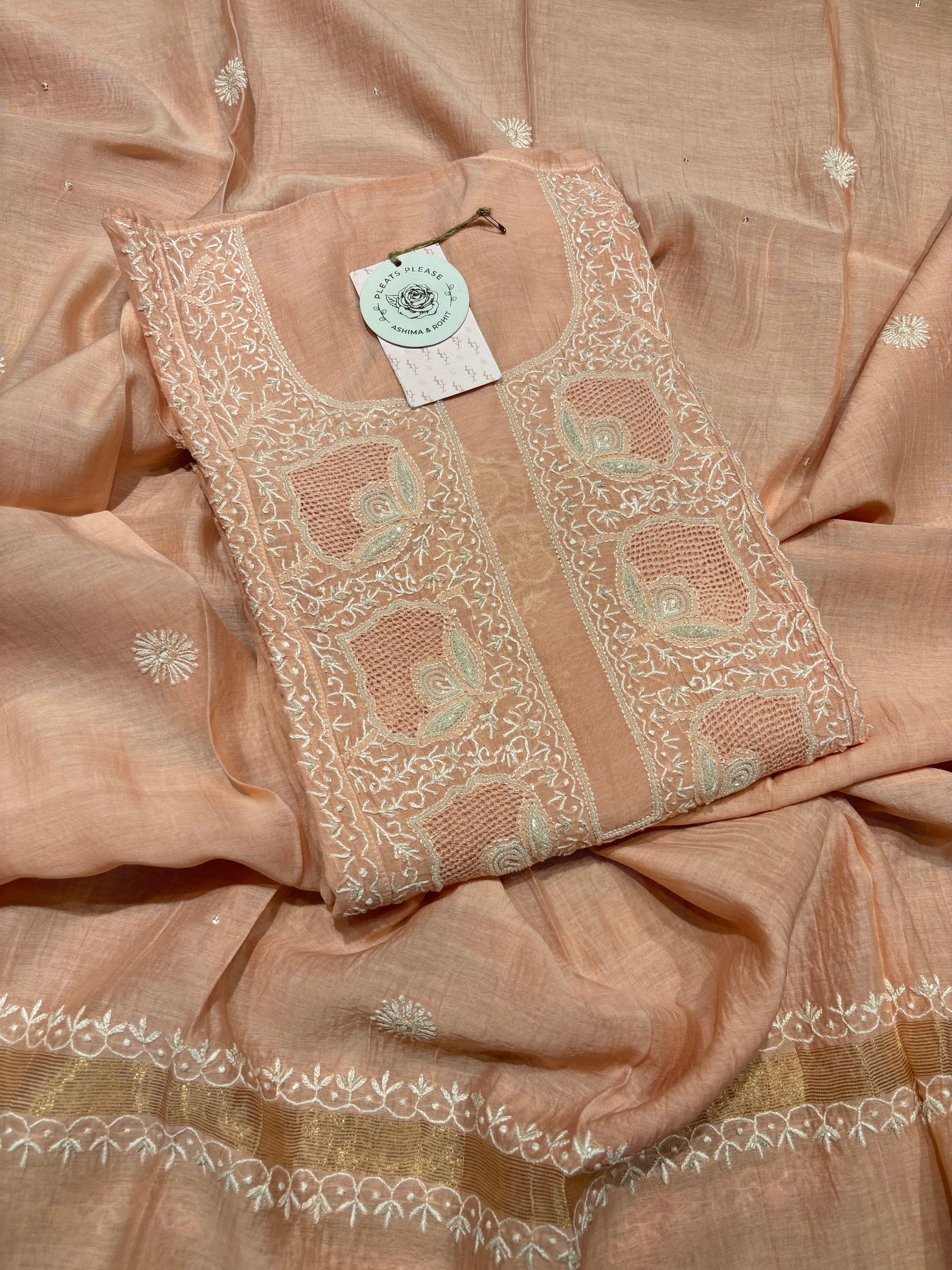 Peach Chanderi Mul Chikankari Kurta and Dupatta Set