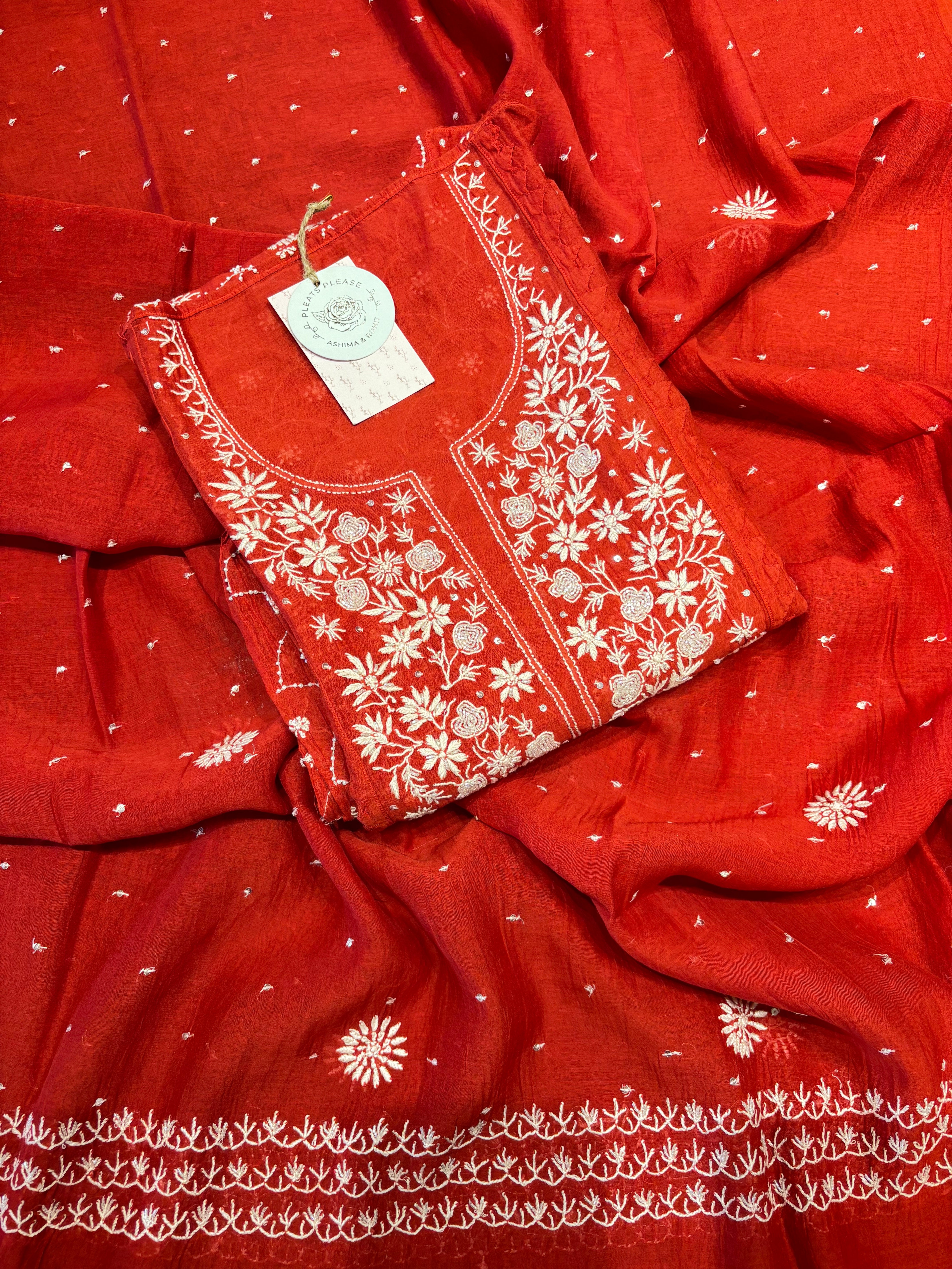 Red Chanderi Mul Chikankari Kurta and Dupatta set