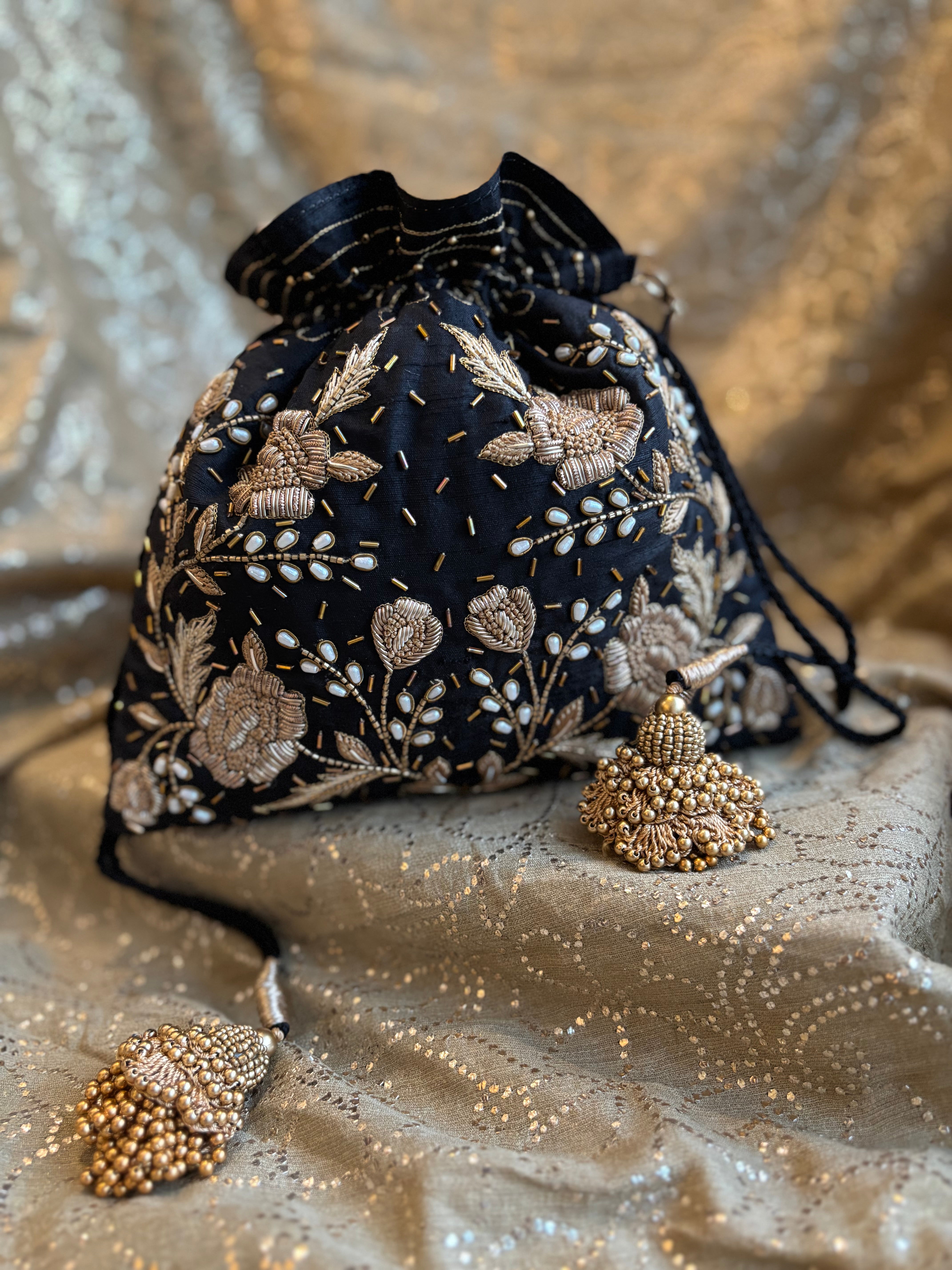 Black Zardozi Chikankari Potli