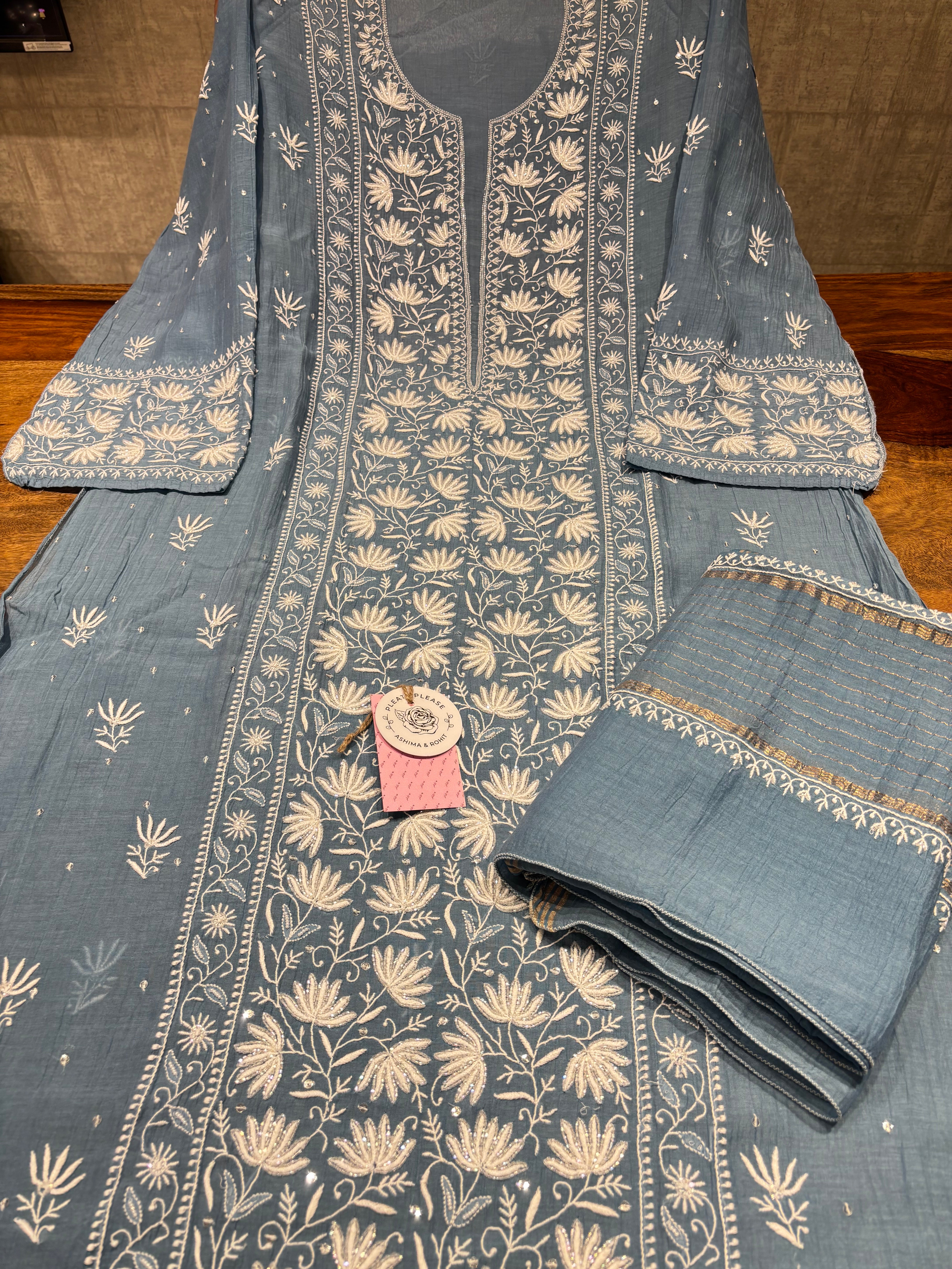 Blue Chanderi Mul Chikankari Kurta & Dupatta Set