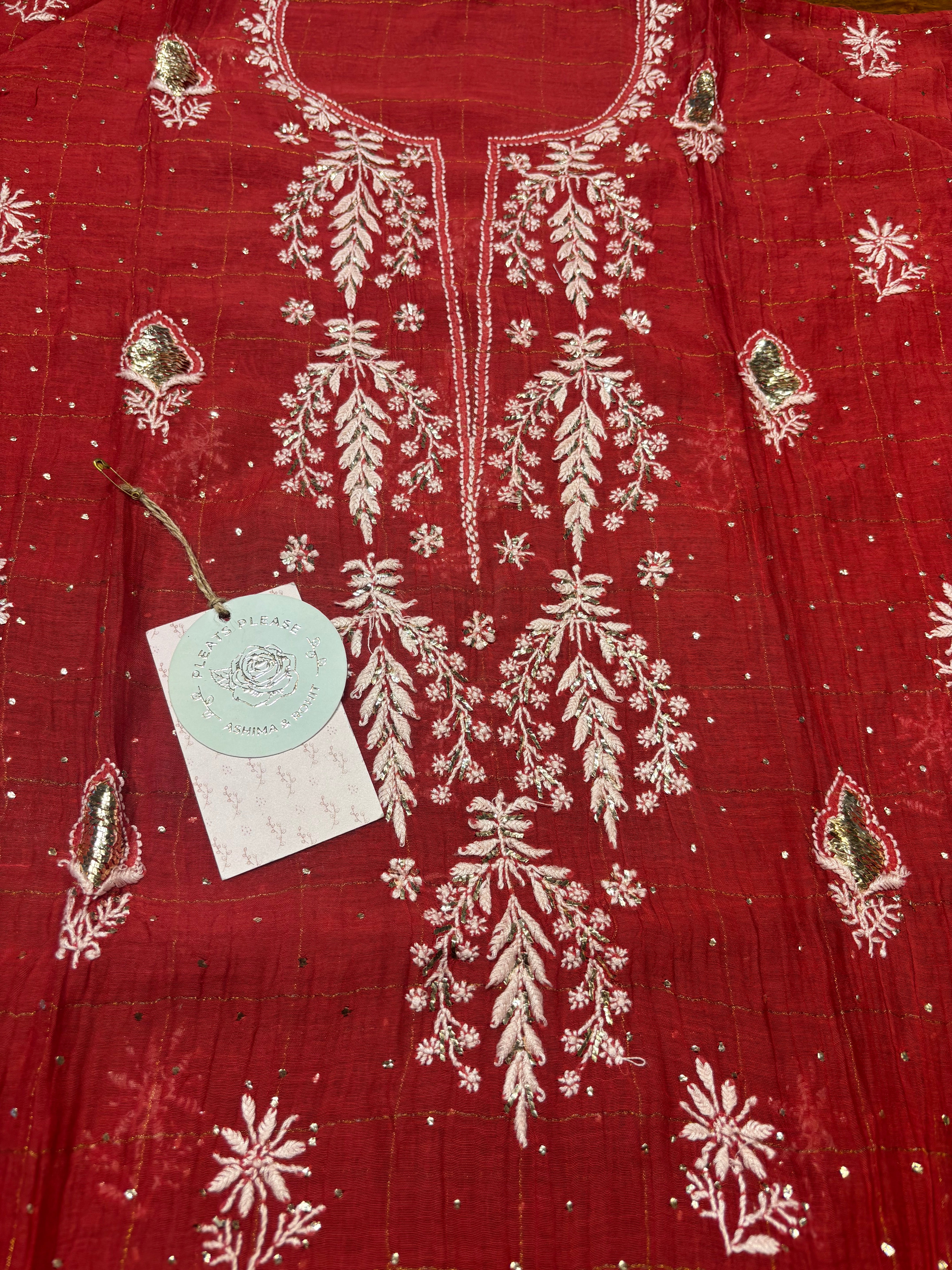 Red Chanderi Mul Chikankari & Mukaish Kurta and Dupatta