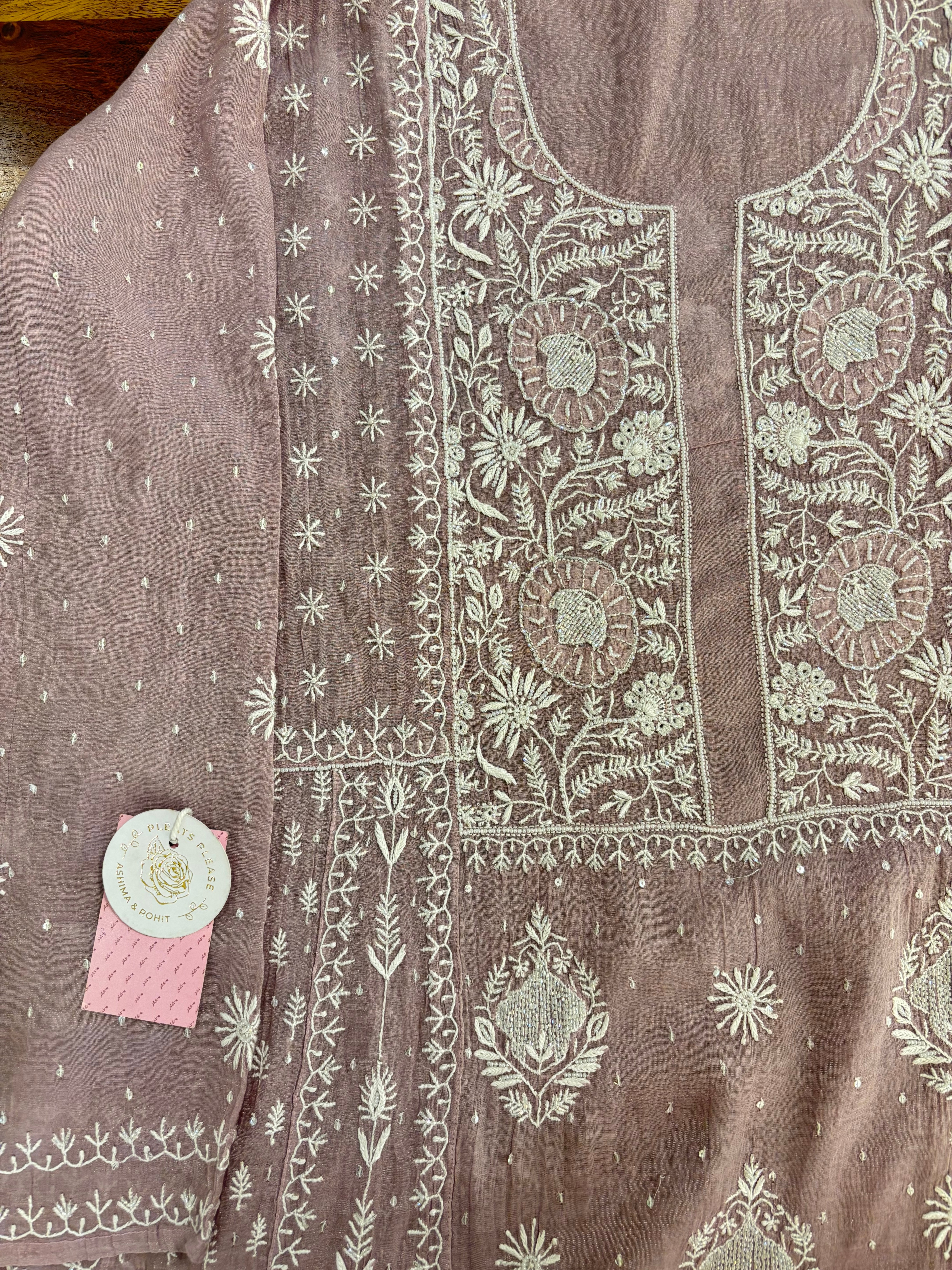 Mauve Pink Pure Tissue Chikankari Anarkali & Dupatta Set