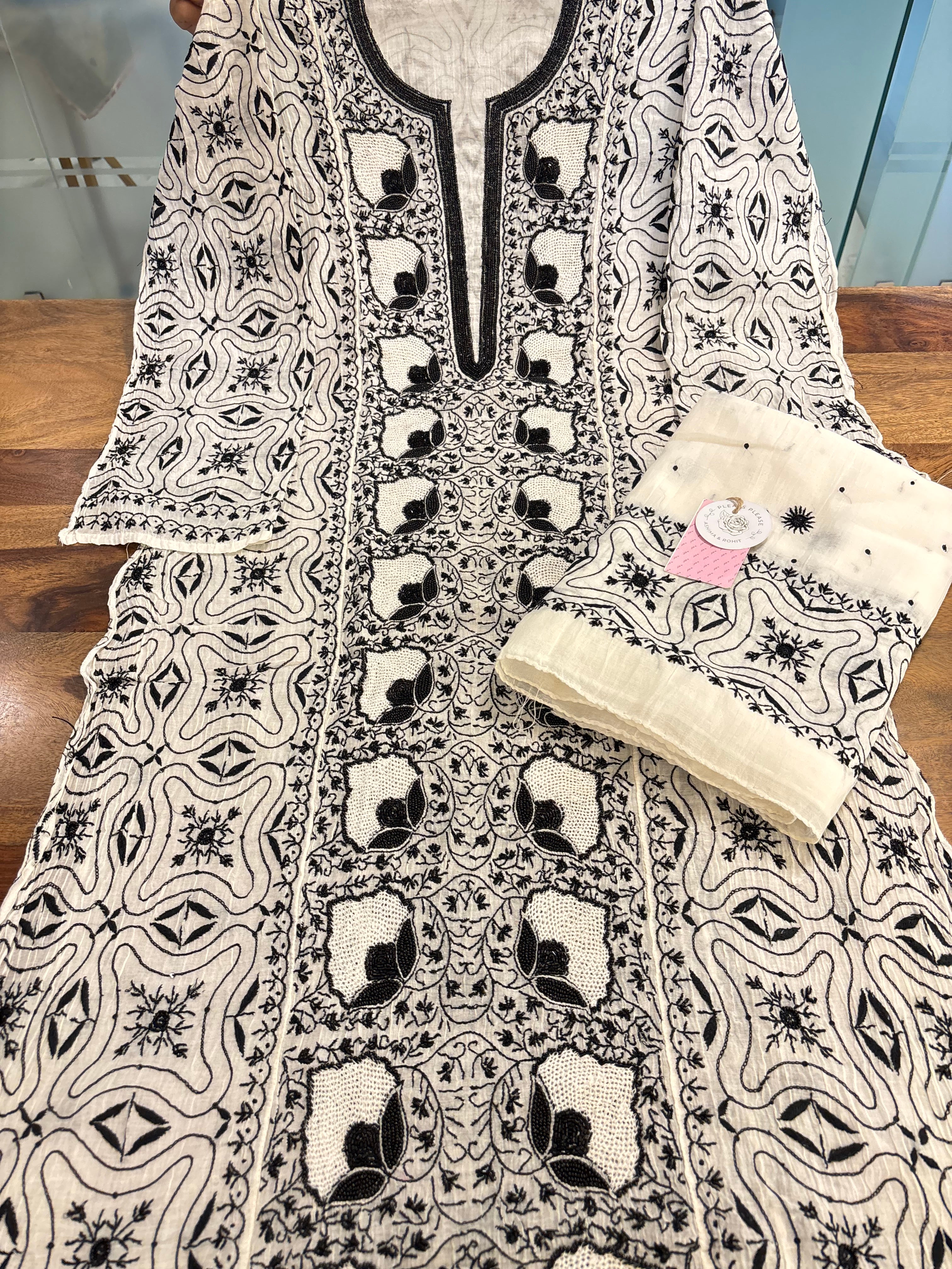 Dyeable Chanderi Black & White Chikankari Kurta & Dupatta