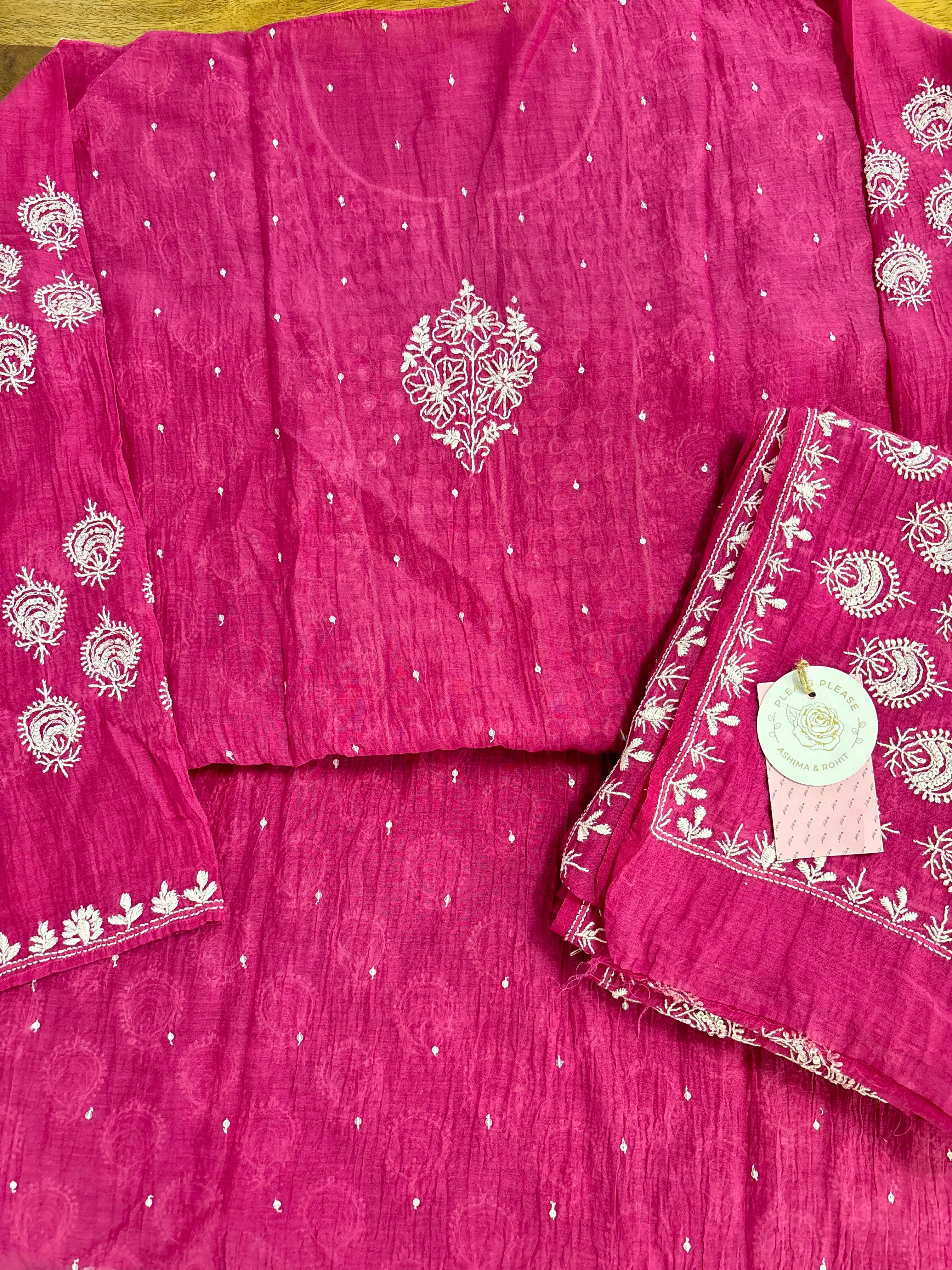 Magenta Chanderi Mul Chikankari Kurta & Dupatta