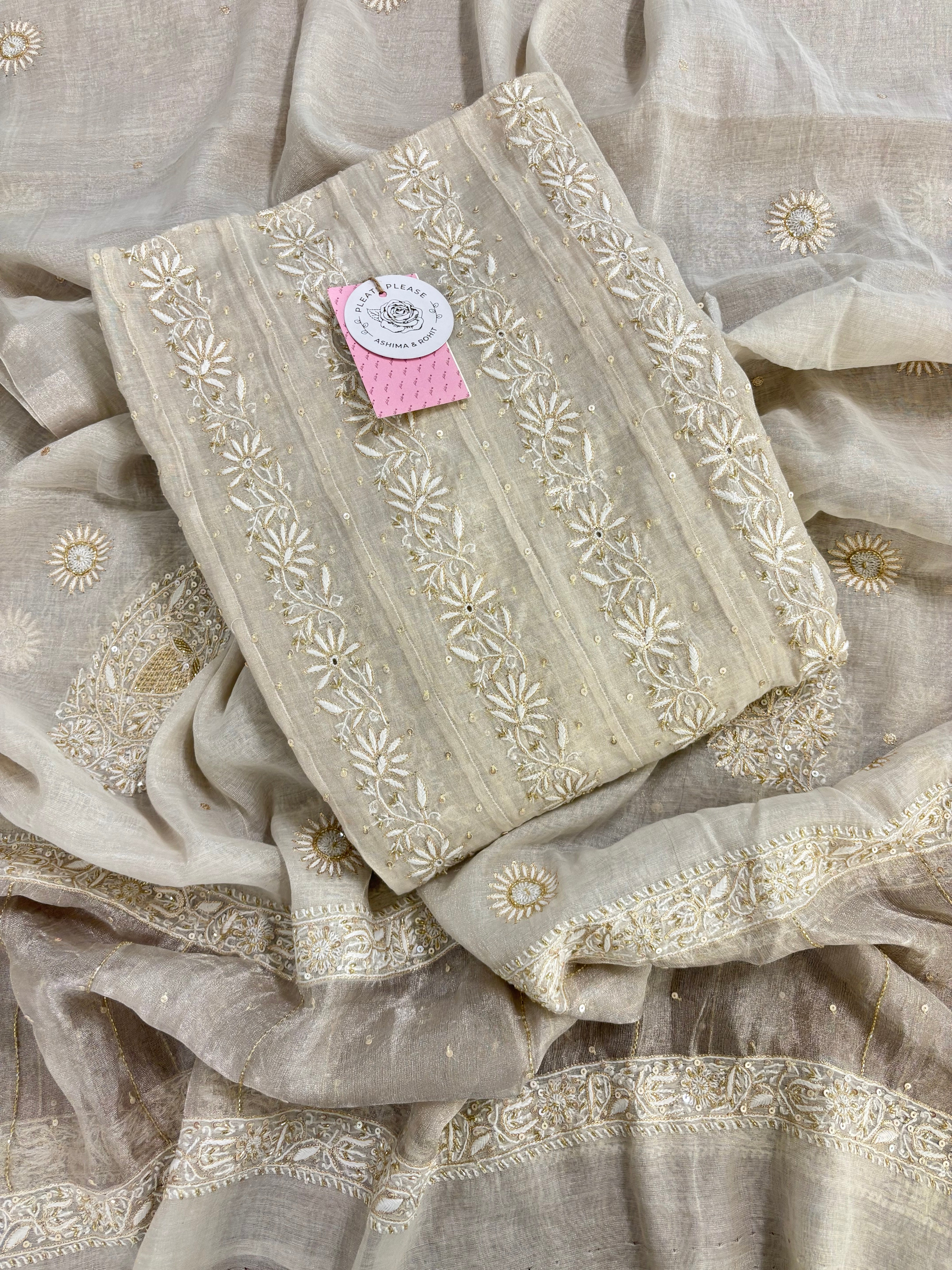 Dyeable Pure & Premium Silver Tissue Chikankari Anarkali & Dupatta