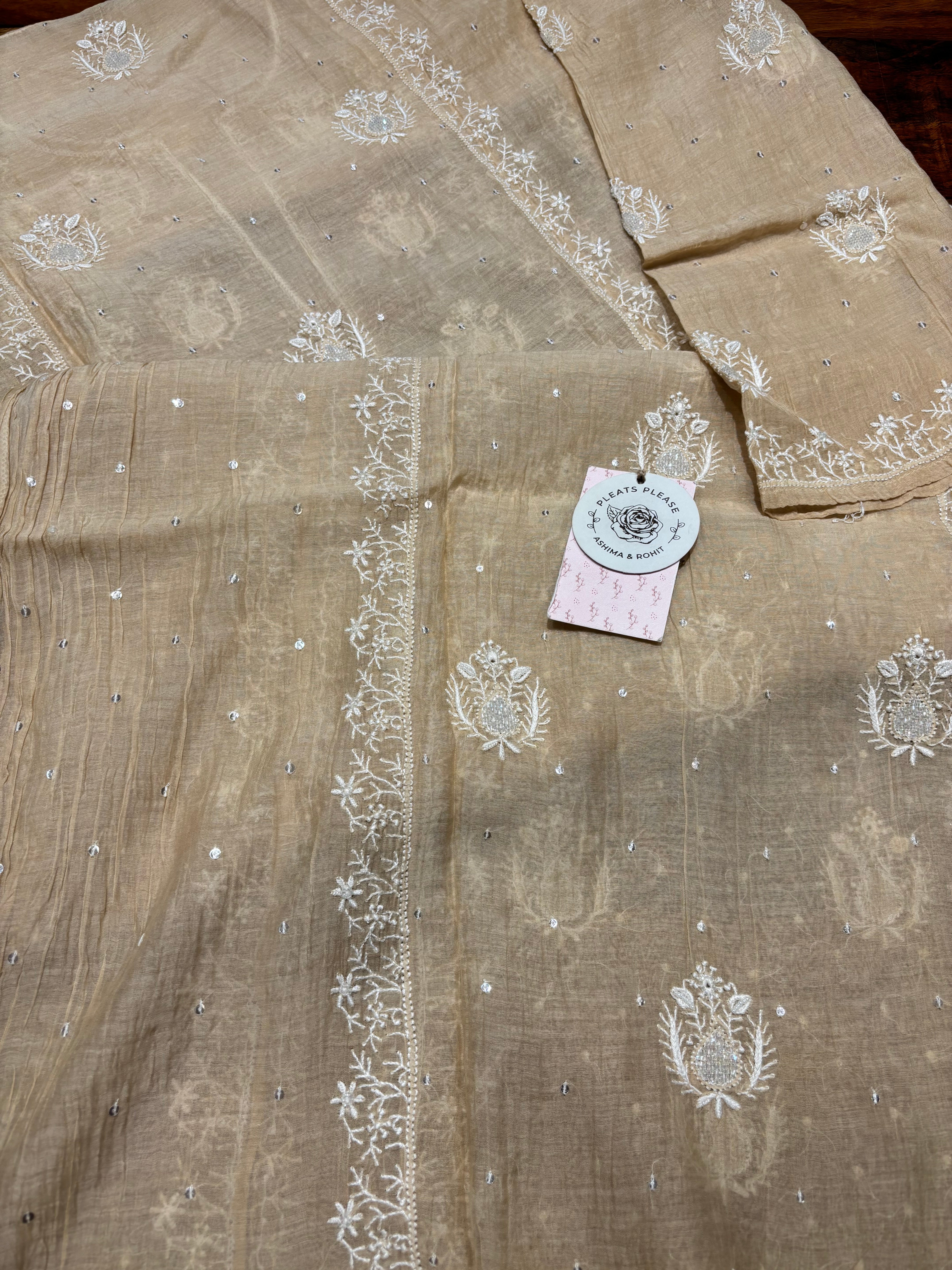 Coffee cream Chanderi Mul Chikankari kurta and Dupatta set