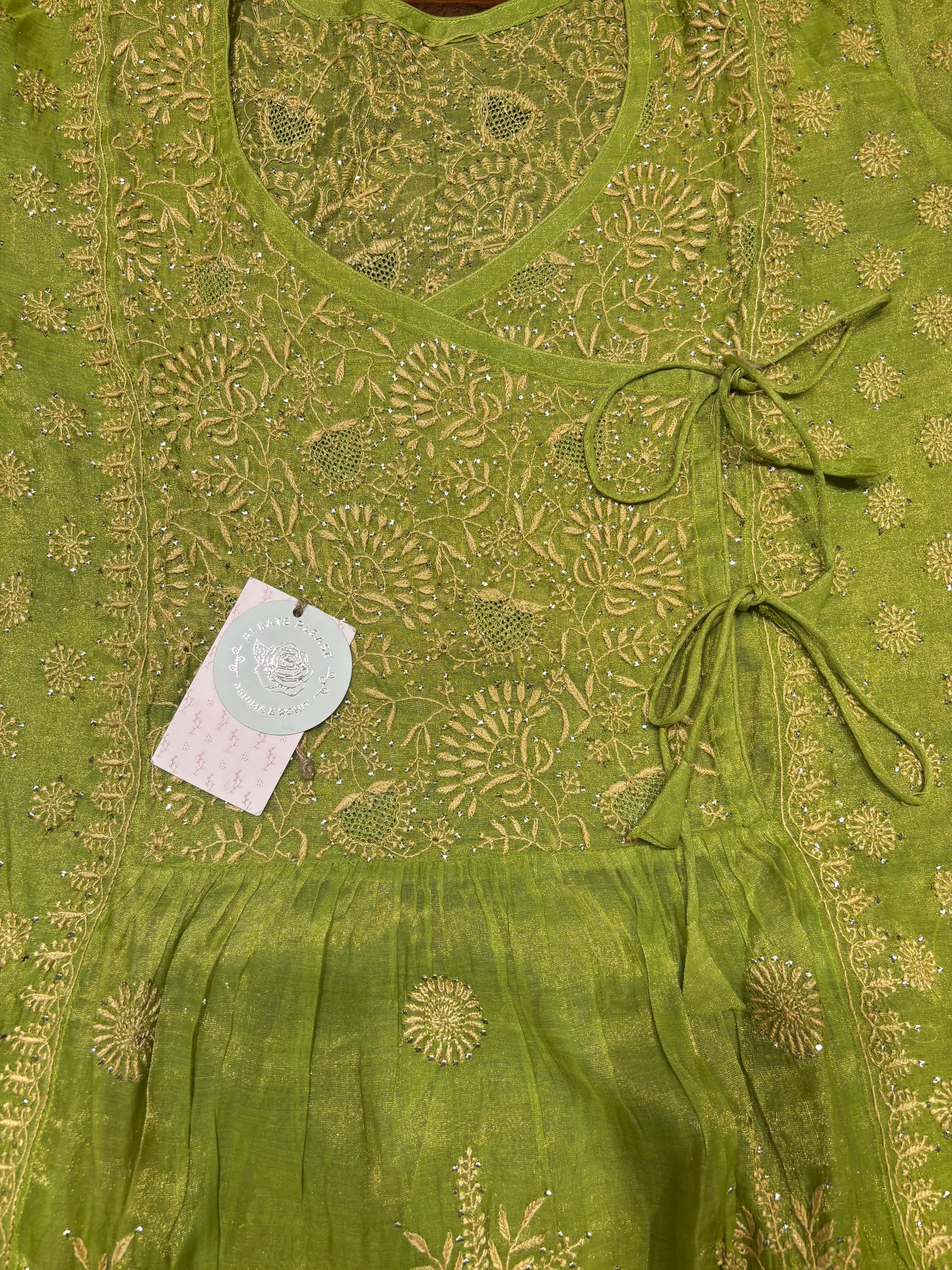 Green Pure and Premium Tissue Chikankari & Mukaish Angrakha Kurta and Dupatta Set