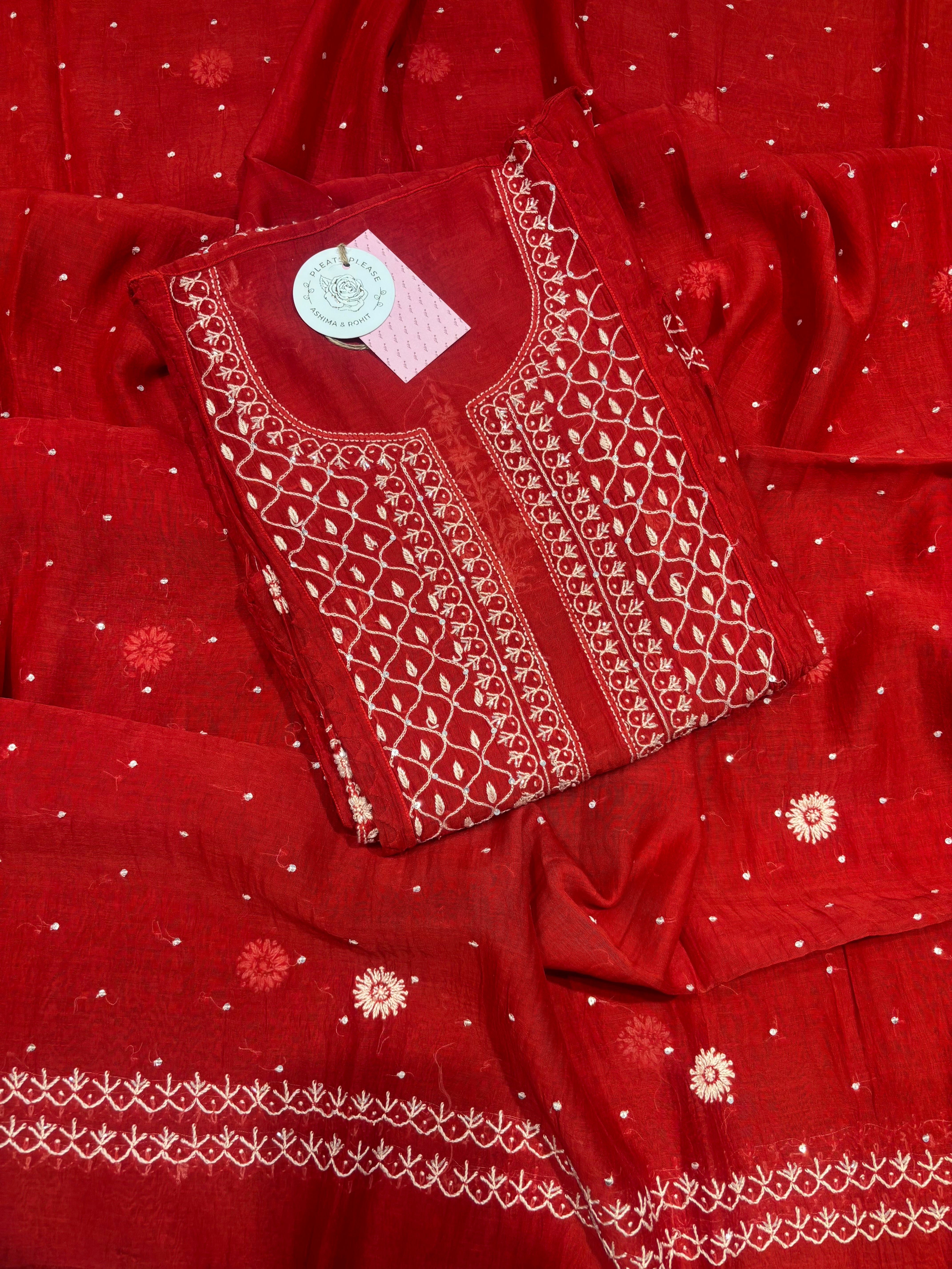 Red Chanderi Mul Chikankari Kurta and Dupatta Set