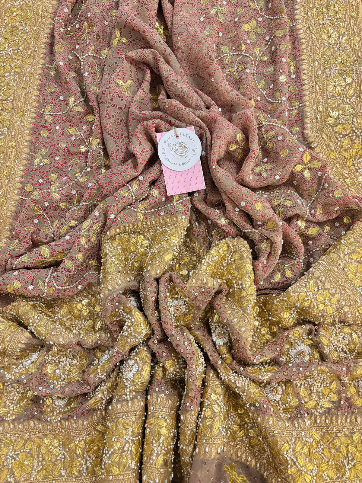 Warm Taupe-Brown Pure Georgette Bandhej Gota Patti Zardozi Dupatta