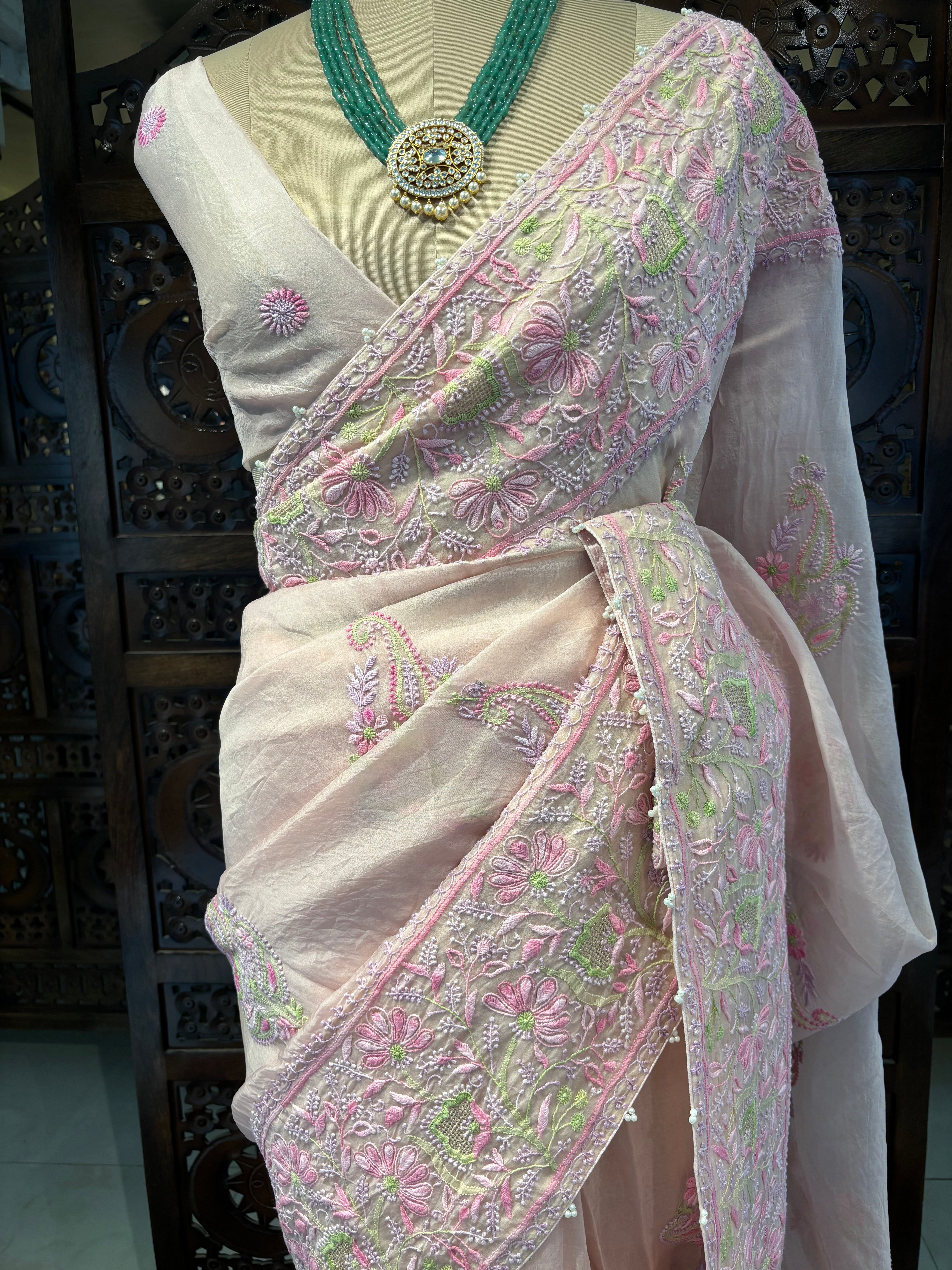 Baby Pink Pure Organza Saree
