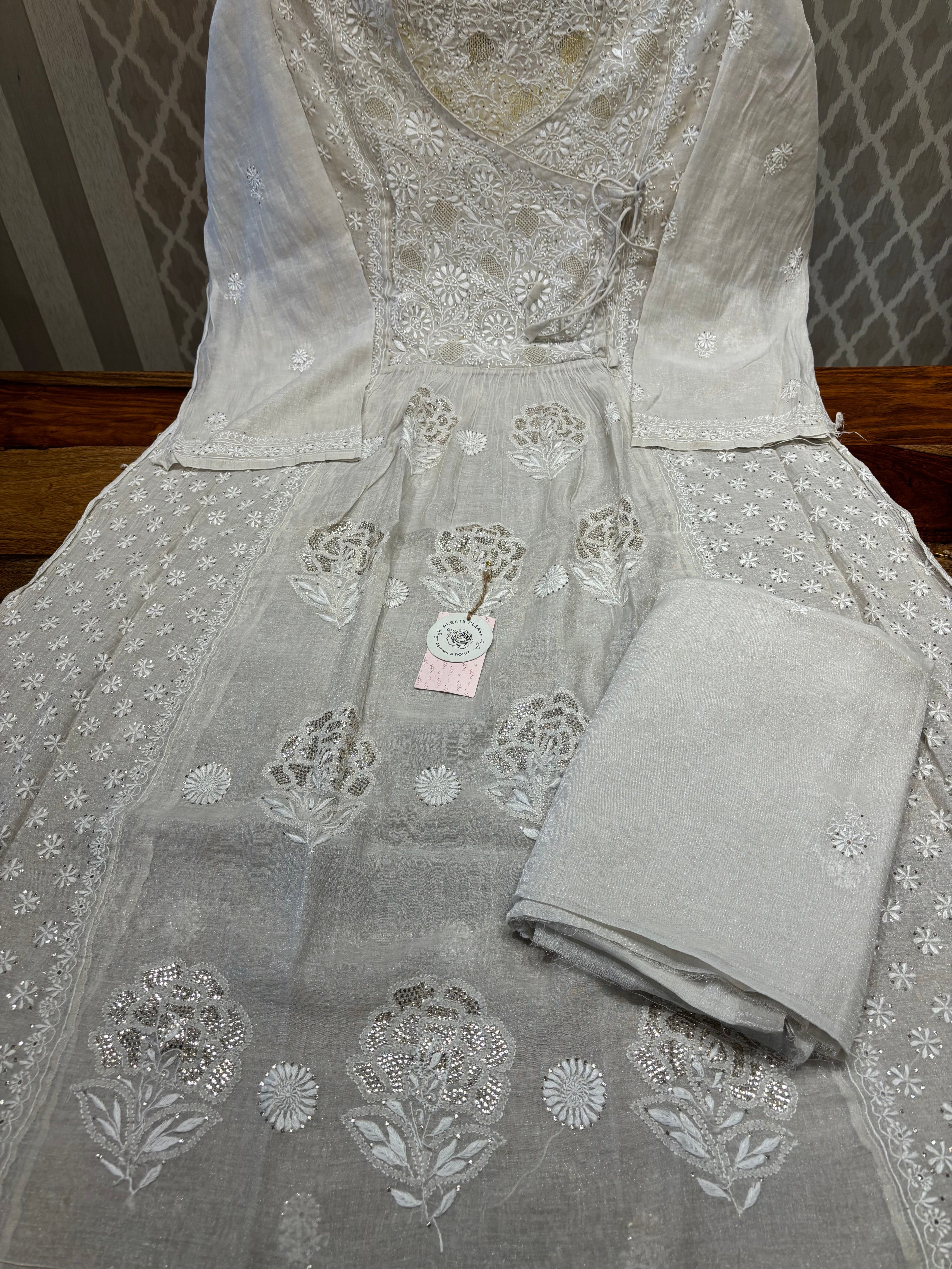 Dyeable Pure and Premium Silver Tissue Angrakha Kurta and Dupatta set