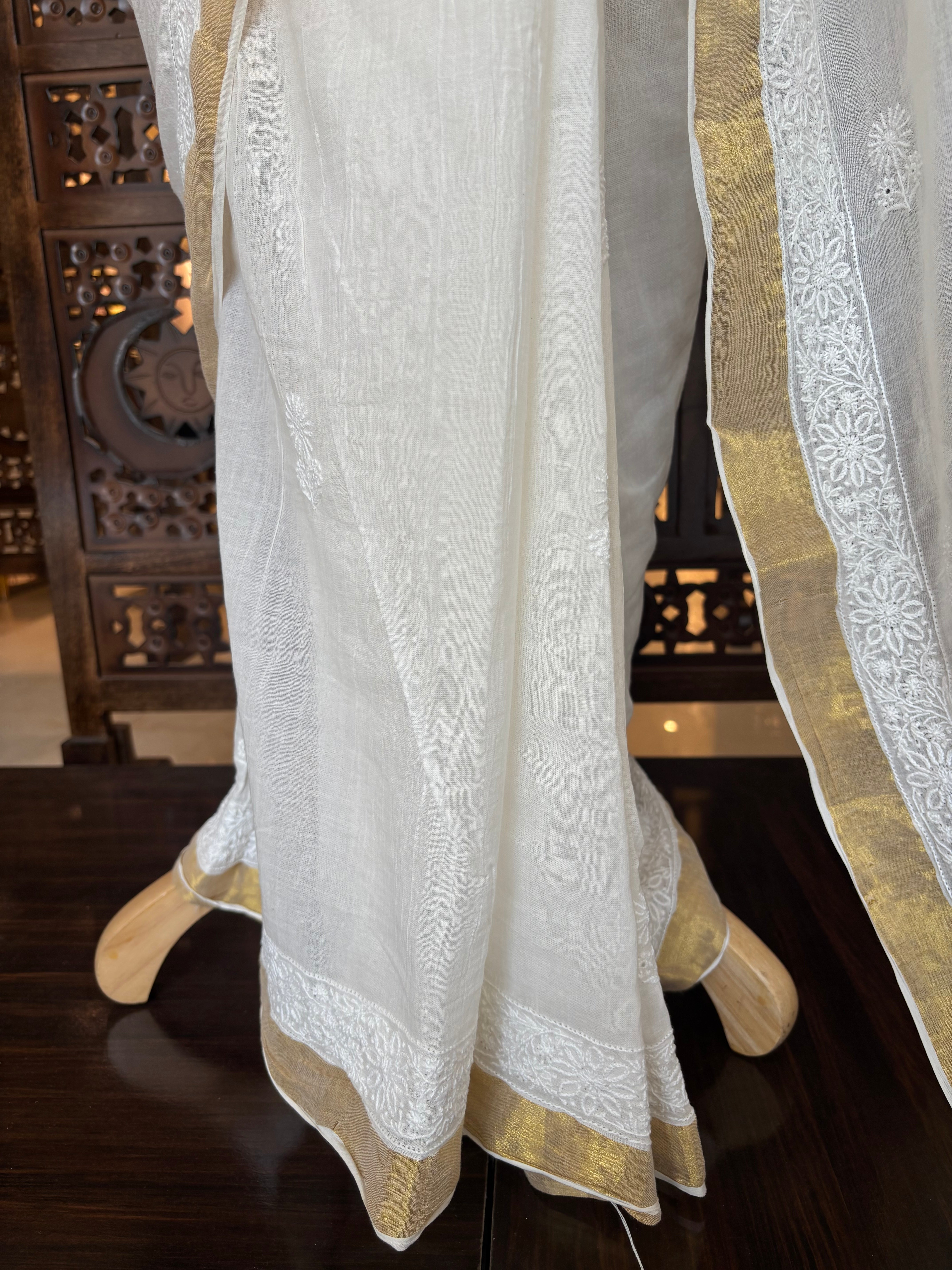 Dyeable Pure Chanderi Mul Chikankari Saree