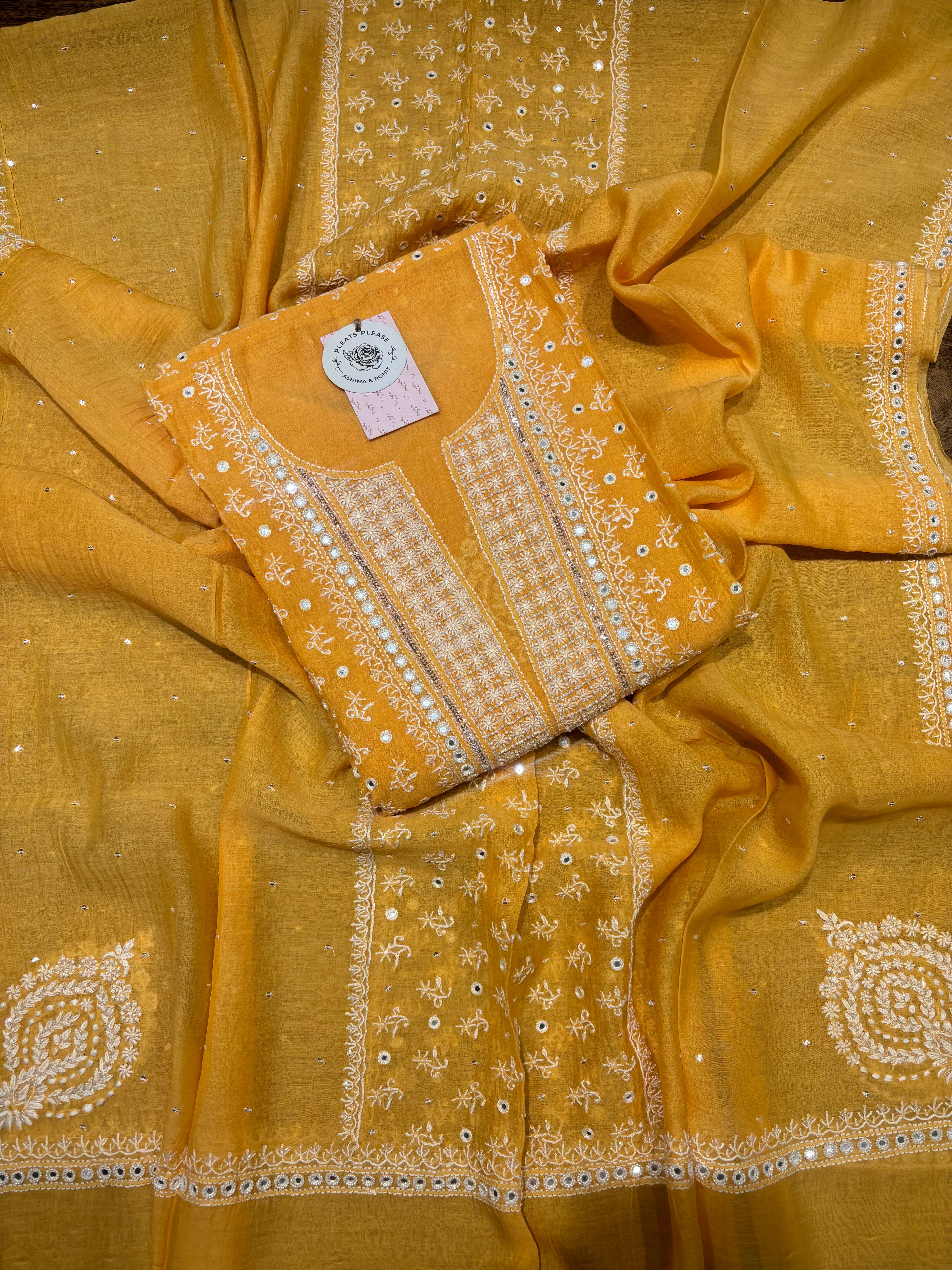 Mango Yellow Chanderi Mul Chikankari Kurta & Dupatta Set