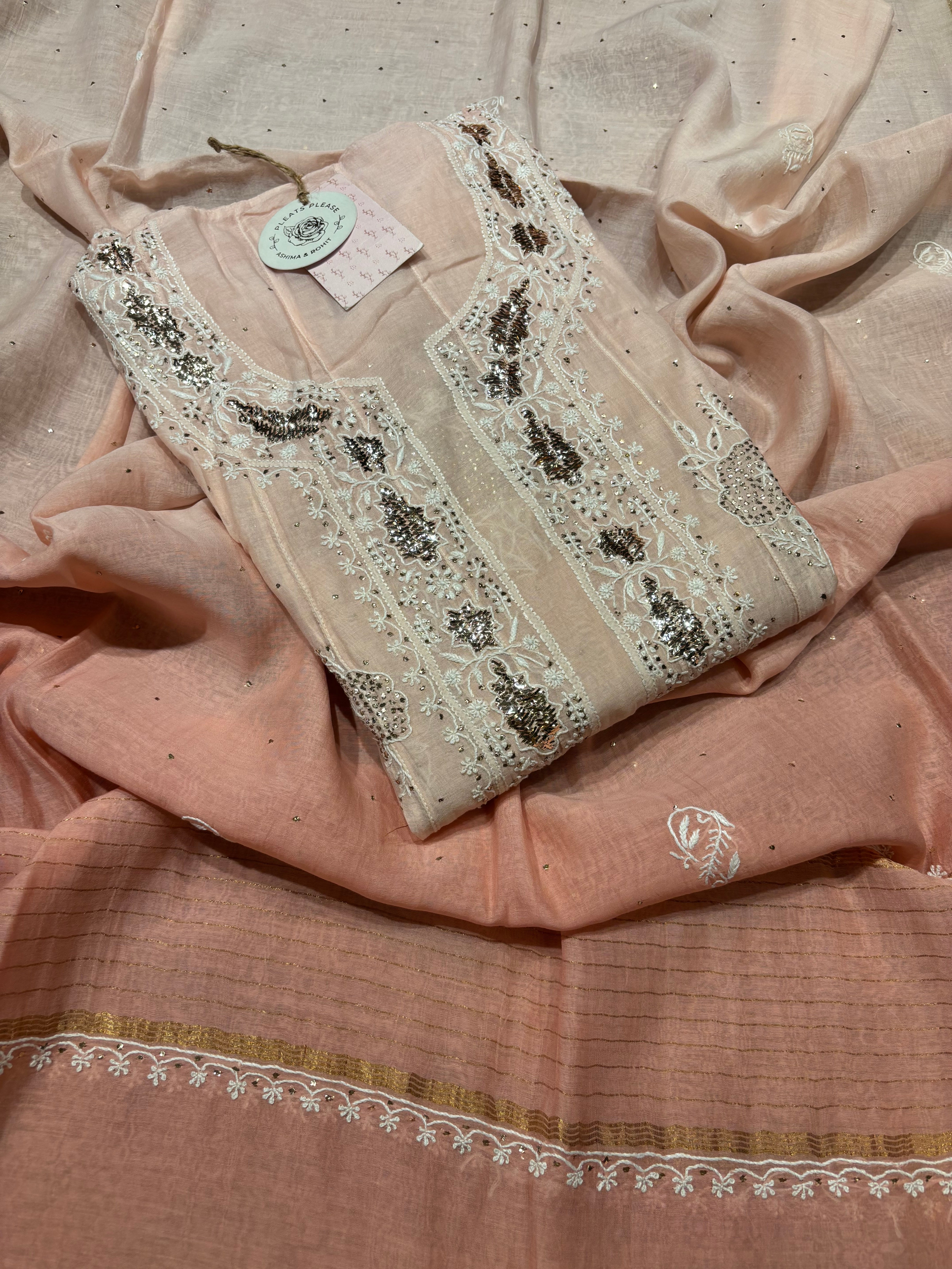 Pink Ombre Chanderi Mul Chikankari Anarkali and Dupatta set