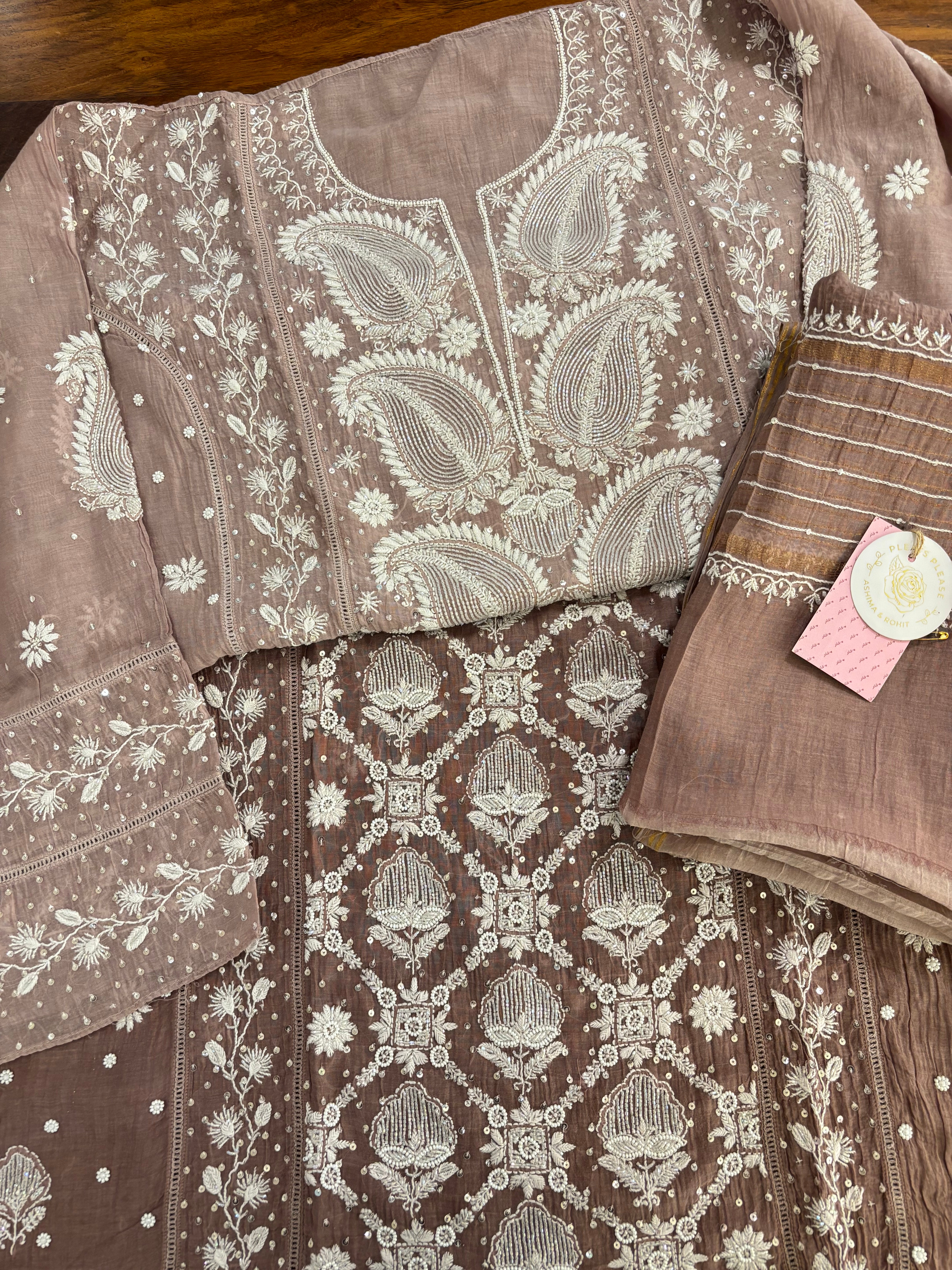 Earthy Brown Ombré Chanderi Chikankari Kurta & Dupatta