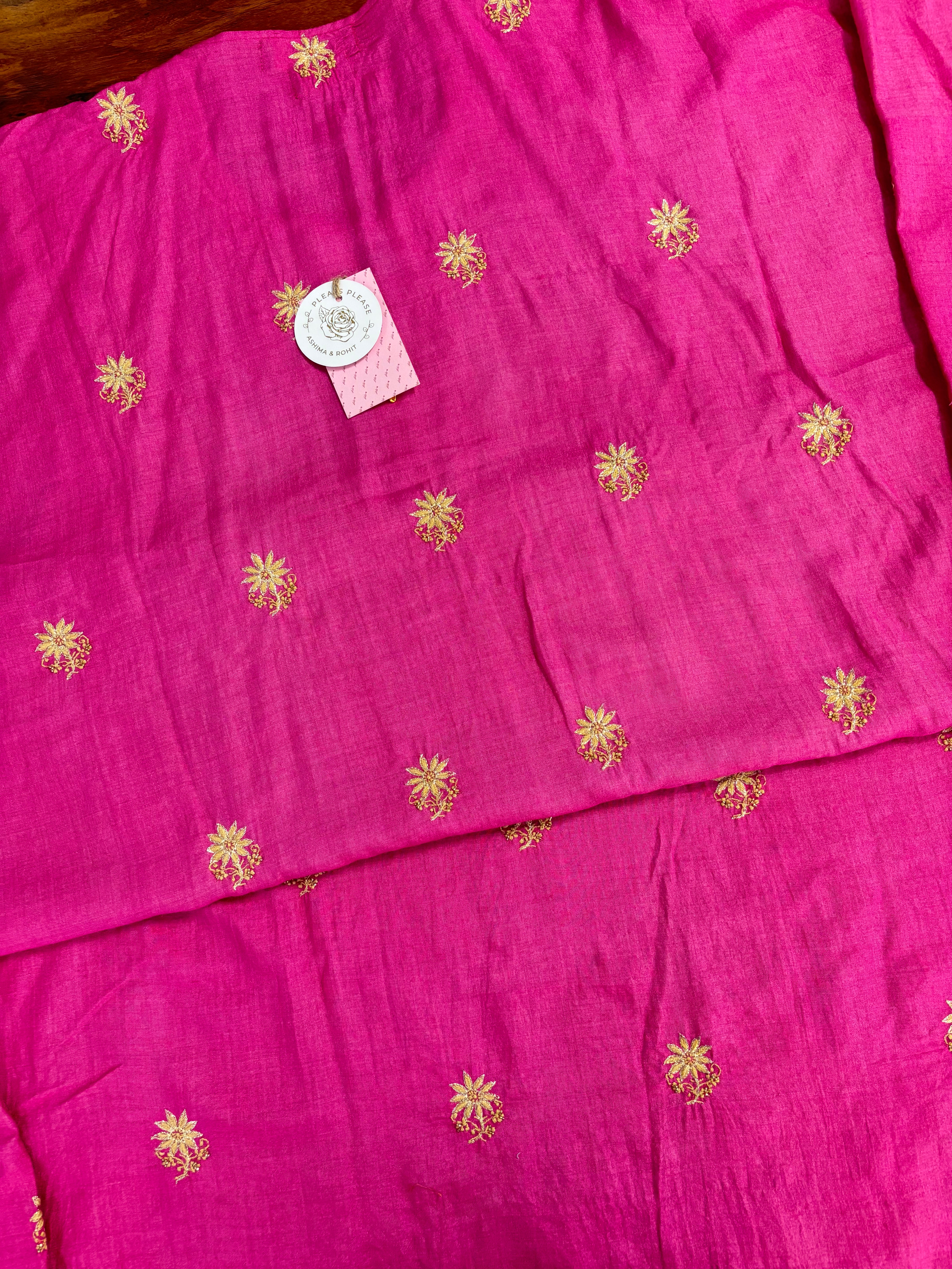 Magenta Pure Monga Silk A-Line Chikankari Kurta & Dupatta With Bottom - Pleats PleaseChikankari
