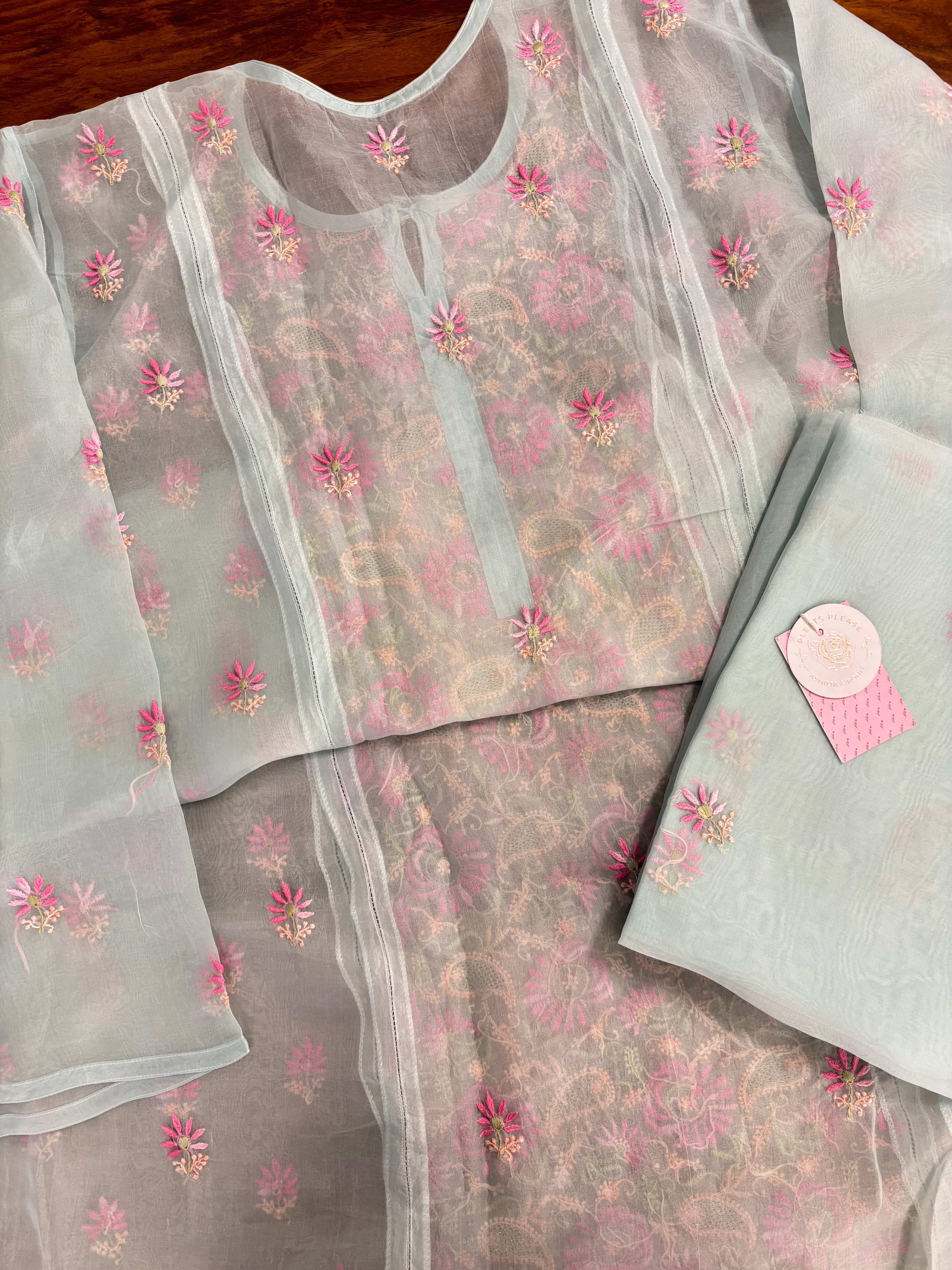 Sea Foam Green Organza Chikankari Kurta & Dupatta - Pleats PleaseChikankari
