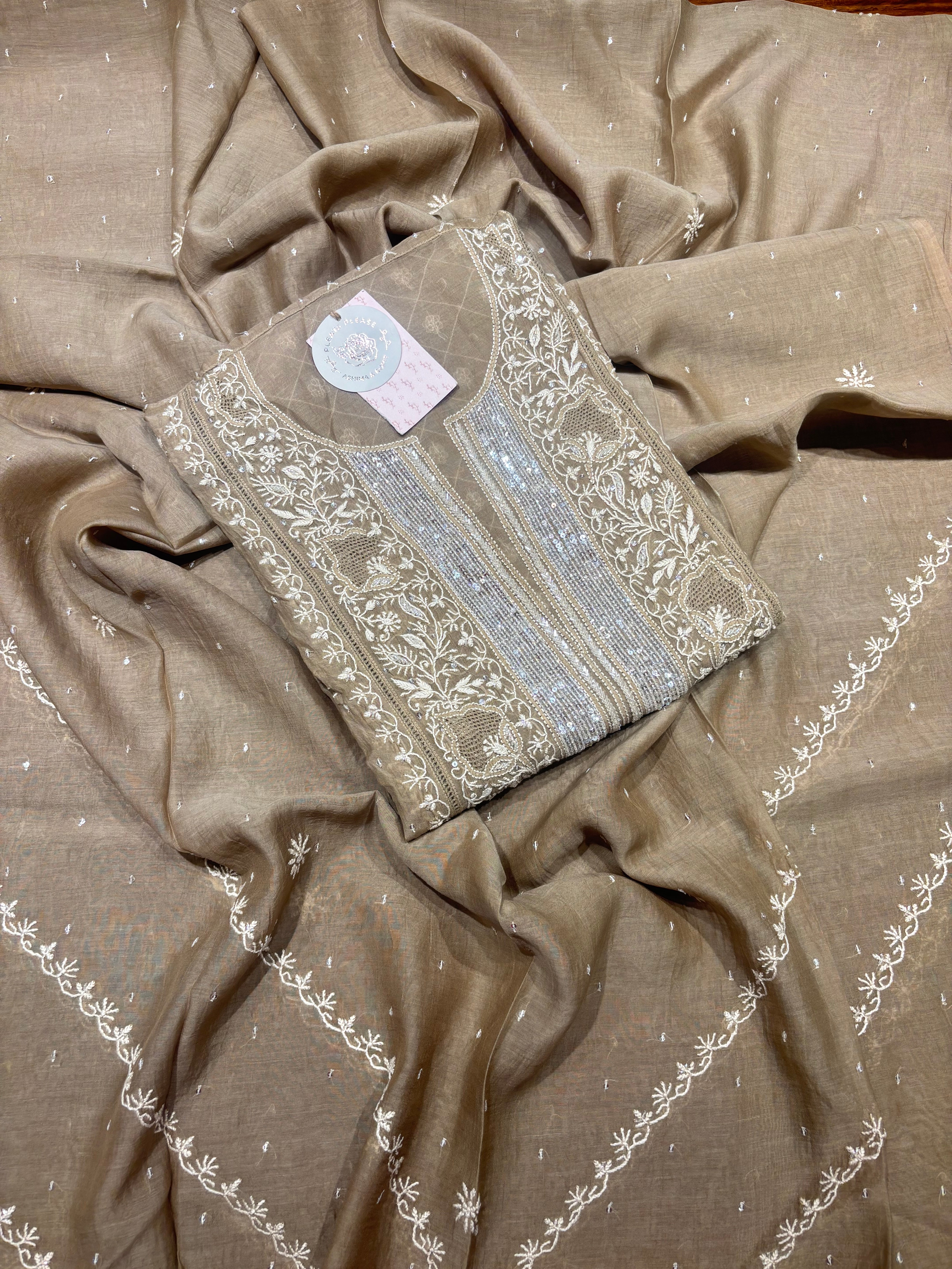 Brown Chanderi Mul Chikankari Kurta & Dupatta Set