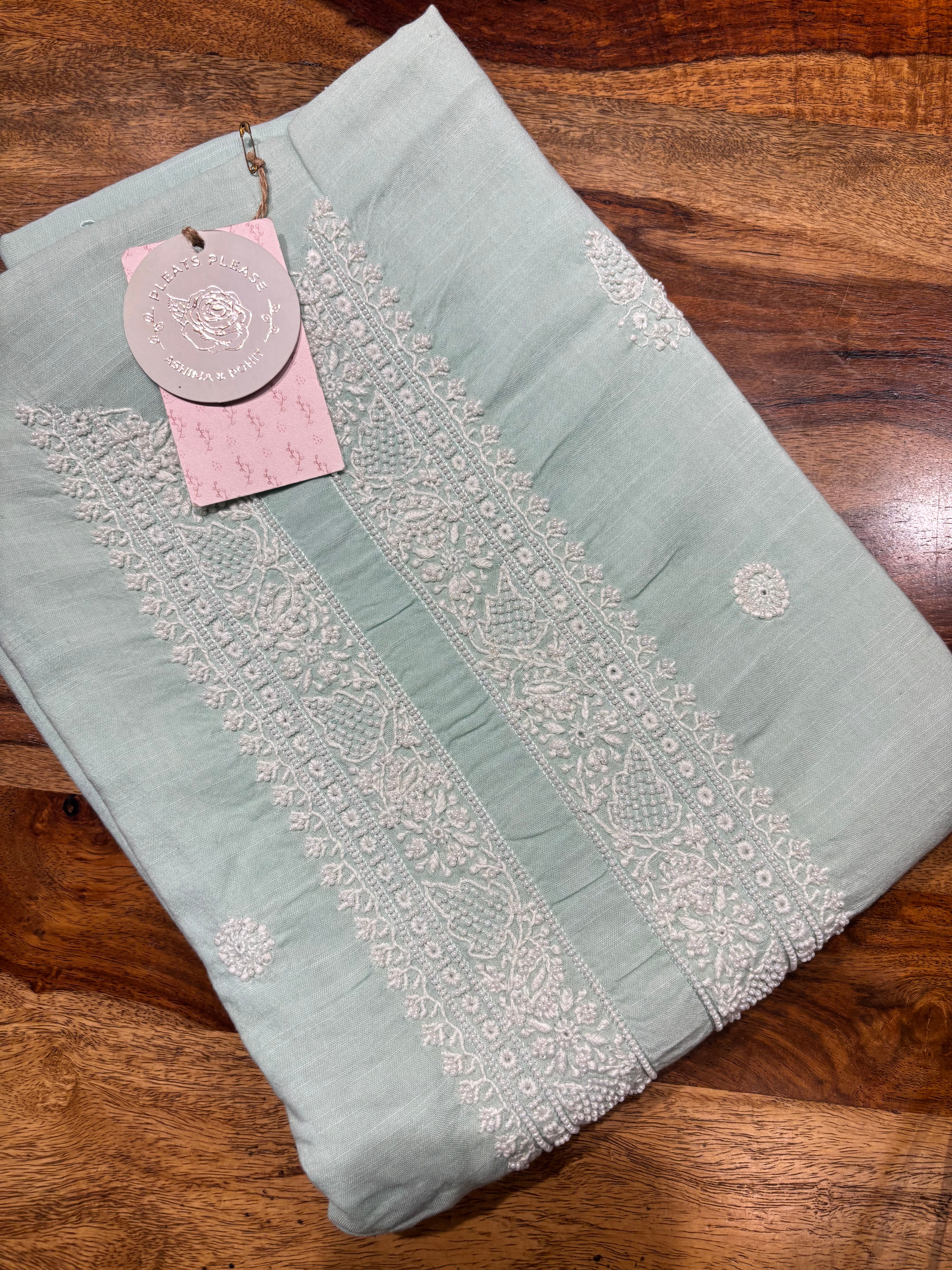 Cadet Blue Linen Chikankari Men's Kurta Fabric