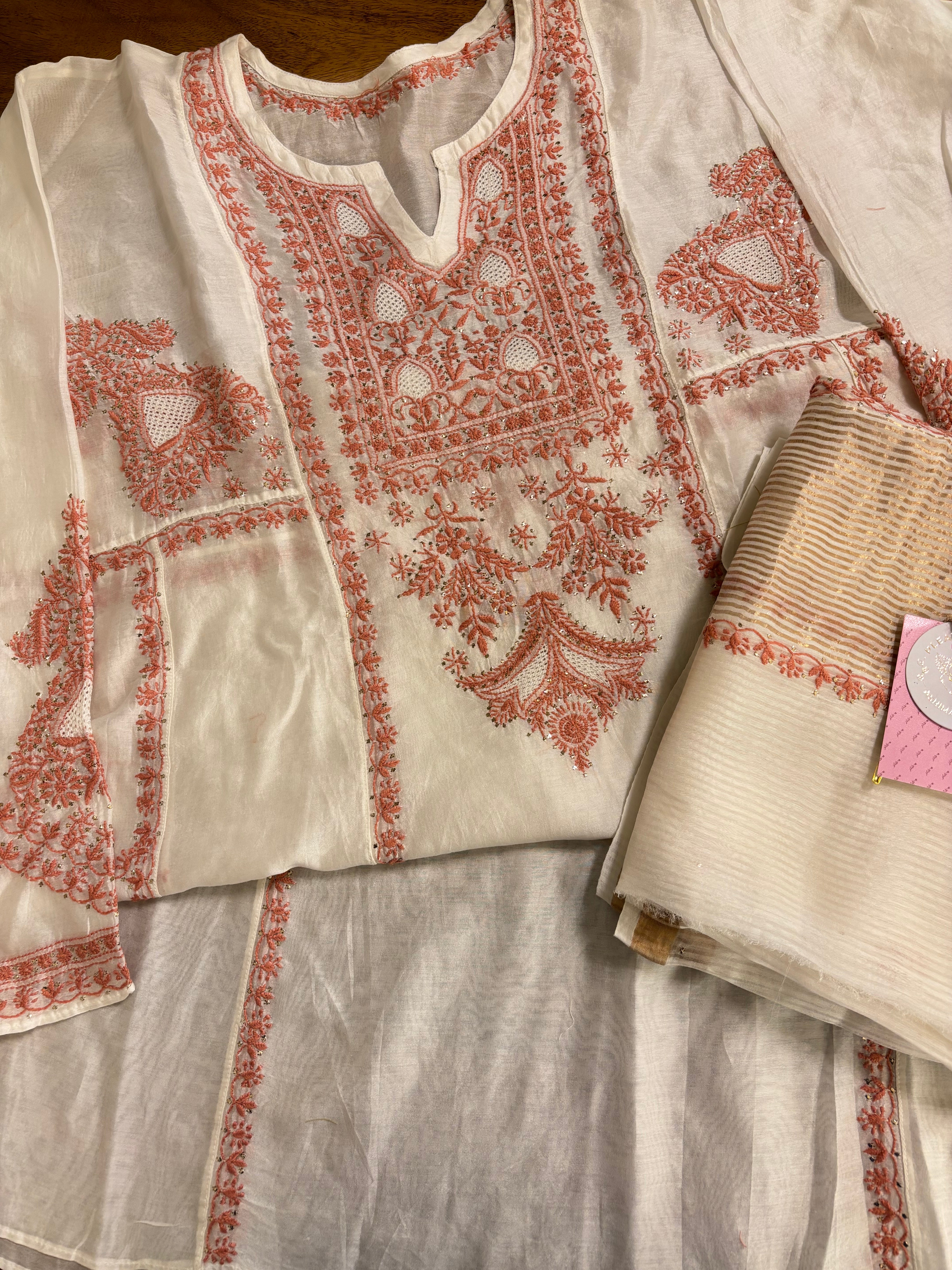Dyeable Chanderi Chikankari Mukaish Anarkali & Dupatta Set