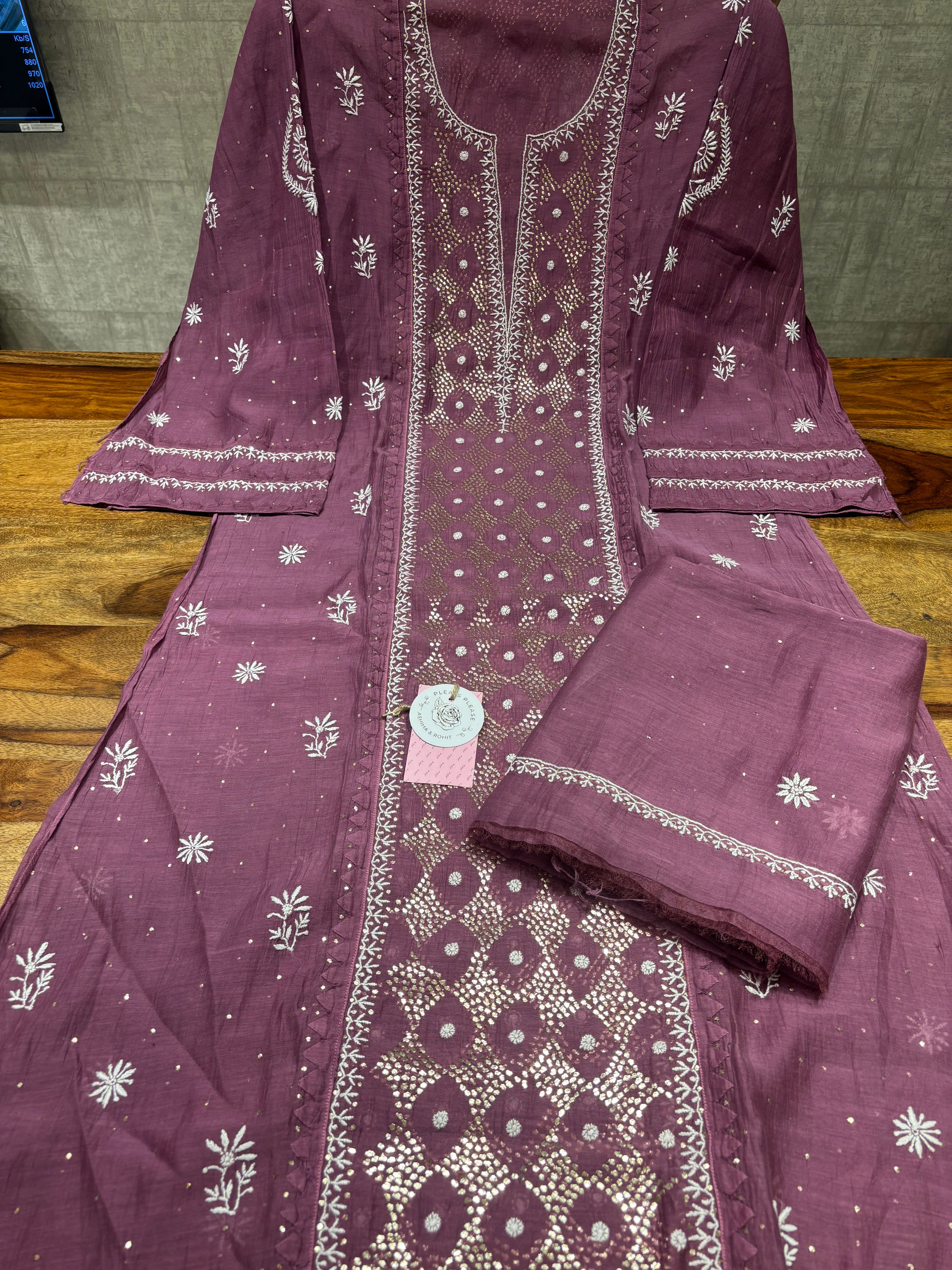 Aubergine Chanderi Mul Chikankari & Mukaish Kurta & Dupatta Set