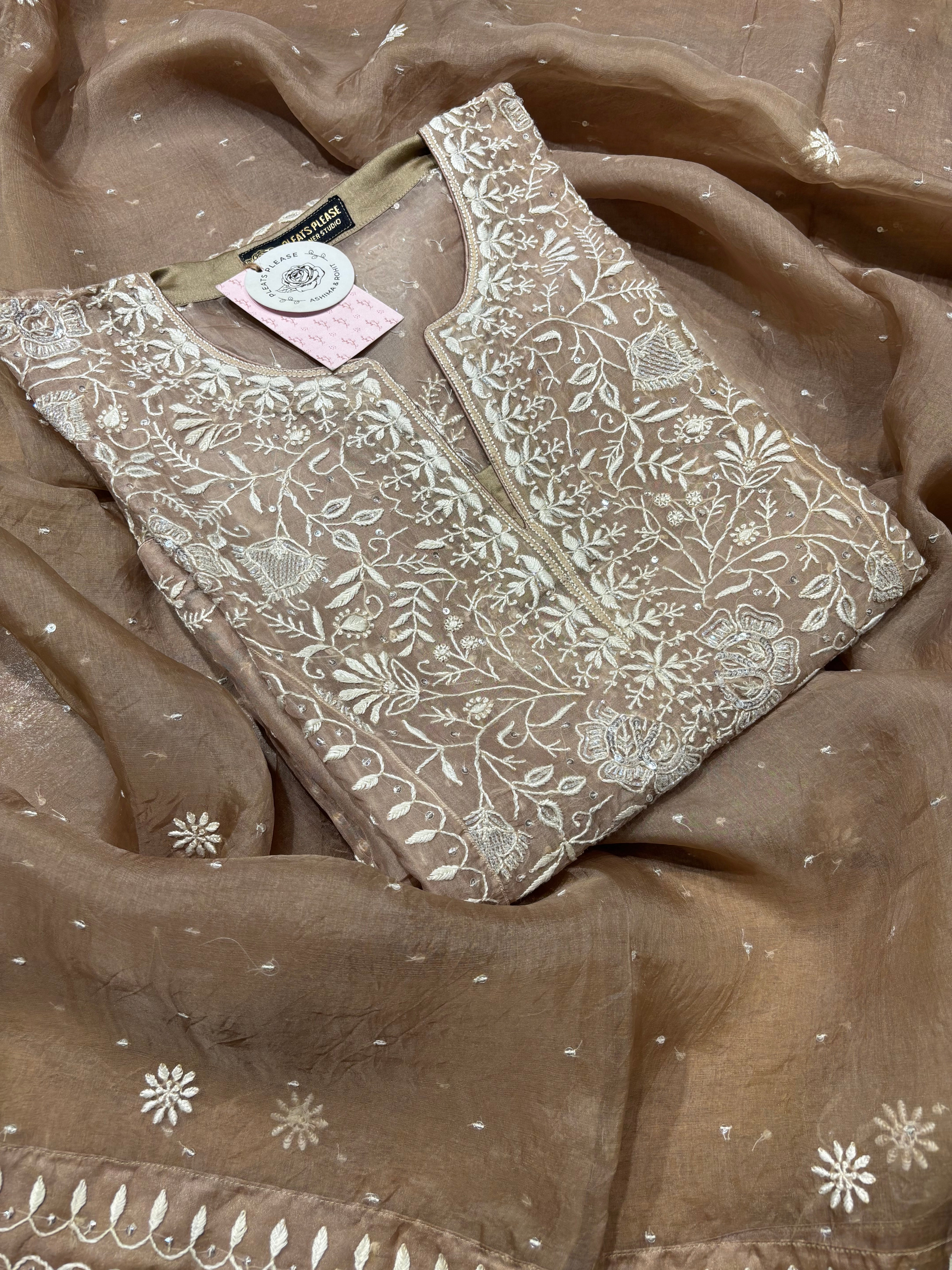 Brown Pure And Premium Organza Silk Chikankari Kurta And Dupatta Set